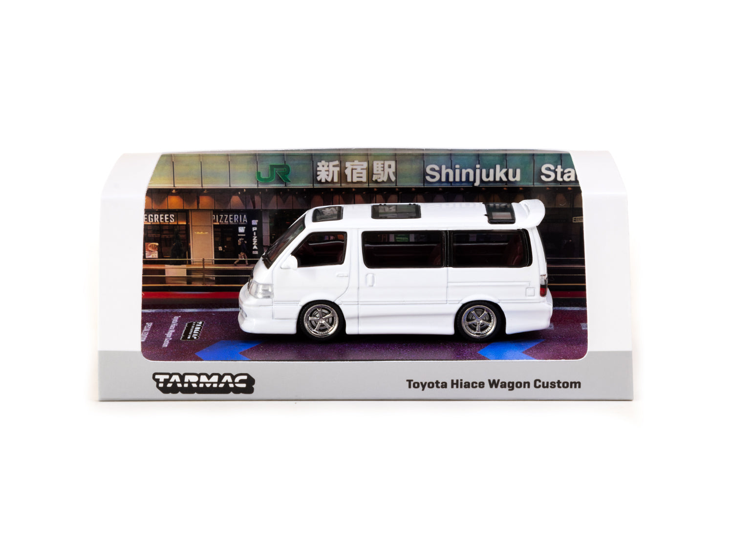 Tarmac Works 1/64 Scale Toyota Hiace Wagon Custom White Diecast Model Car - HK Toy Car Salon Special Edition Collectible for Display & Racing Scenes