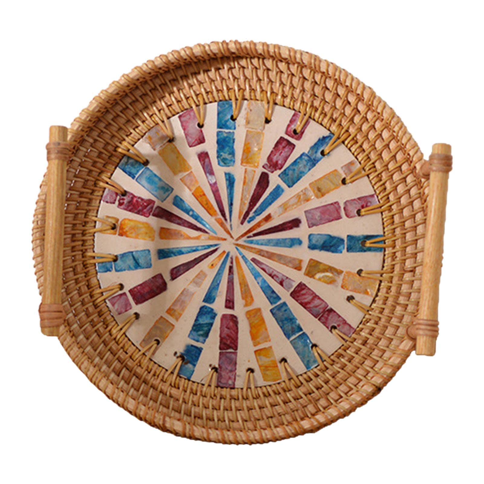 Fenteer 24cm Round Boho Rattan Serving Tray with Wooden Handles - Woven Bread Basket & Rustic Organizer for Coffee Bar, Snacks, Breakfast, Picnics & Home Decor