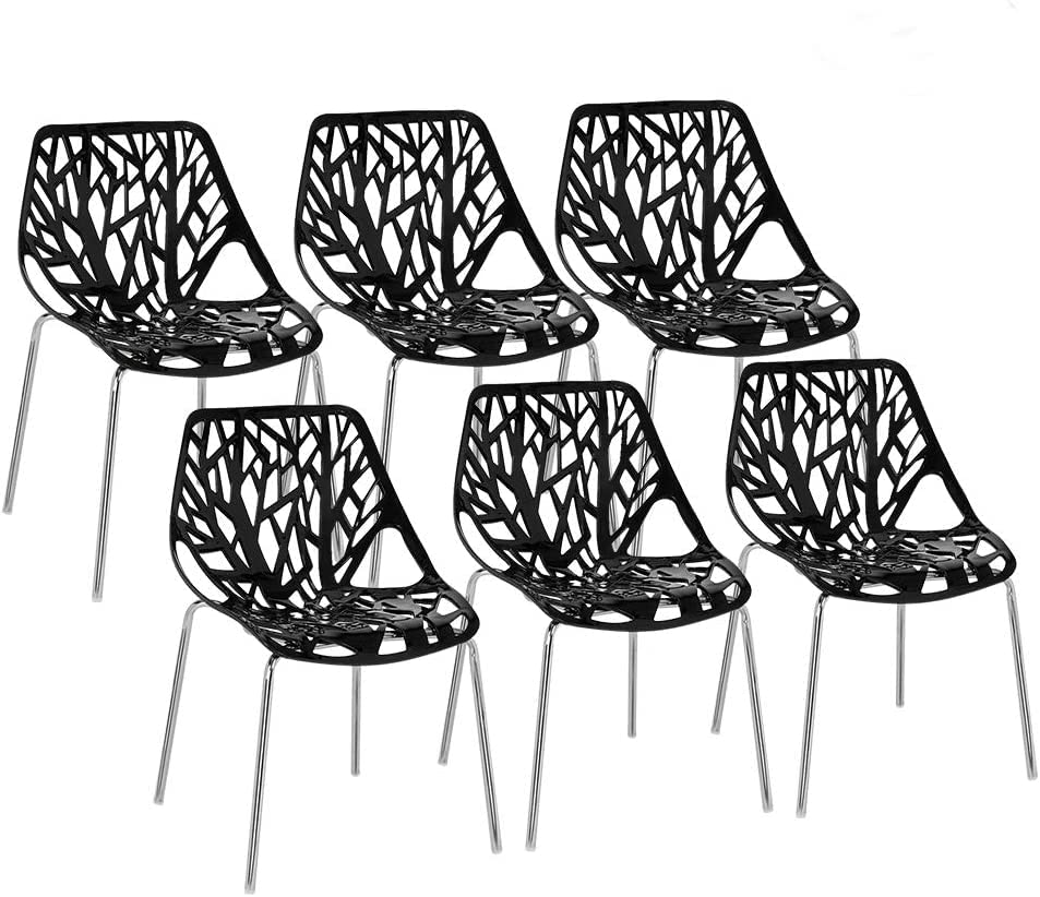 Bonnlo Modern Black Dining Chairs Set of 6 - Stackable Plastic Saping Birch Chairs for Kitchen, Dining Room, Office & Restaurant - Space Saving Furniture for Small Spaces & Compact Homes (6-Pack, Black)