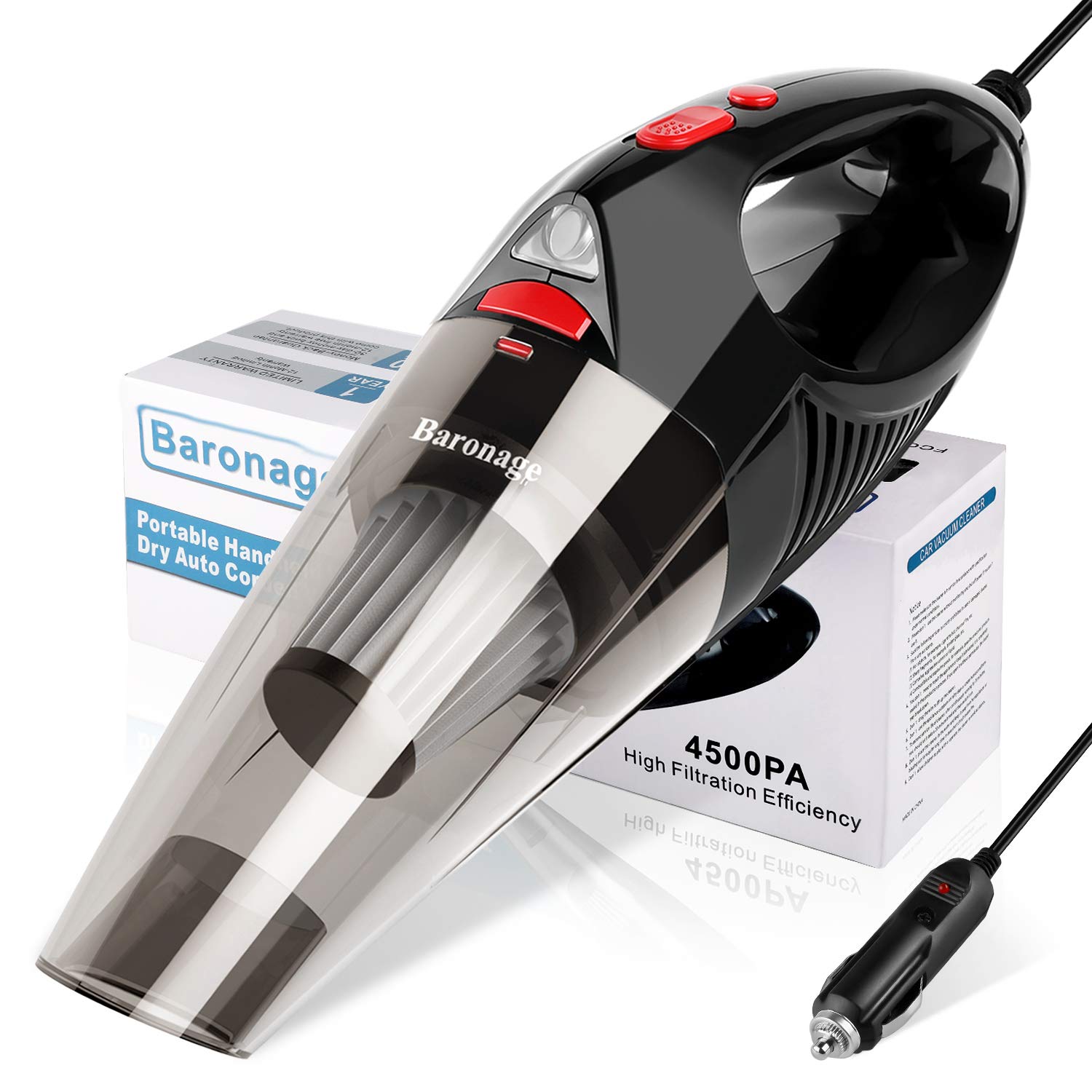 Baronage 12V High Power Corded Car Vacuum Cleaner with LED Light - Portable Handheld Auto Vac for Quick Car Cleaning (Red) | Ideal for Cars, Trucks, Boats & Home Use