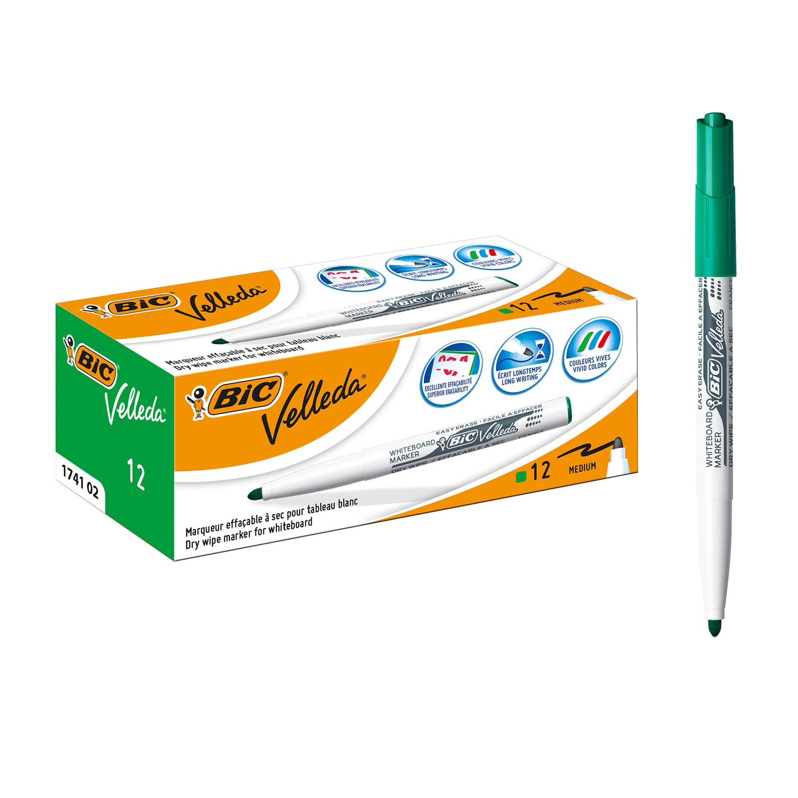 BIC Velleda 1741 Dry Erase Markers - 12 Pack Green Whiteboard Pens for Office, Classroom & Home Use - Non-Toxic, Low-Odor Markers for Whiteboards, Glass & Smooth Surfaces
