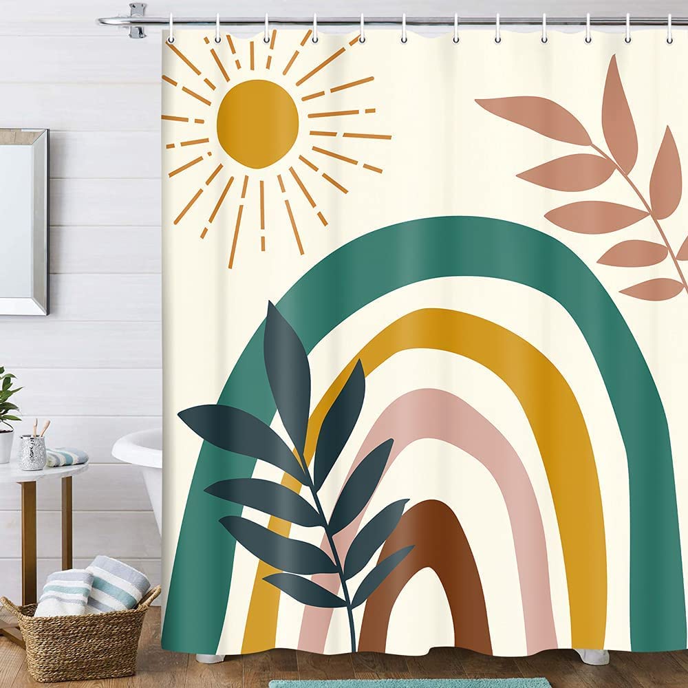 Mid Century Abstract Boho Shower Curtain Set - Sun Rainbow Leaves Geometric Design, Minimalist Aesthetic Polyester Fabric Bathroom Curtain with 12 Hooks (60x70 Inches) - Perfect for Modern, Rustic & Bohemian Style Bathrooms