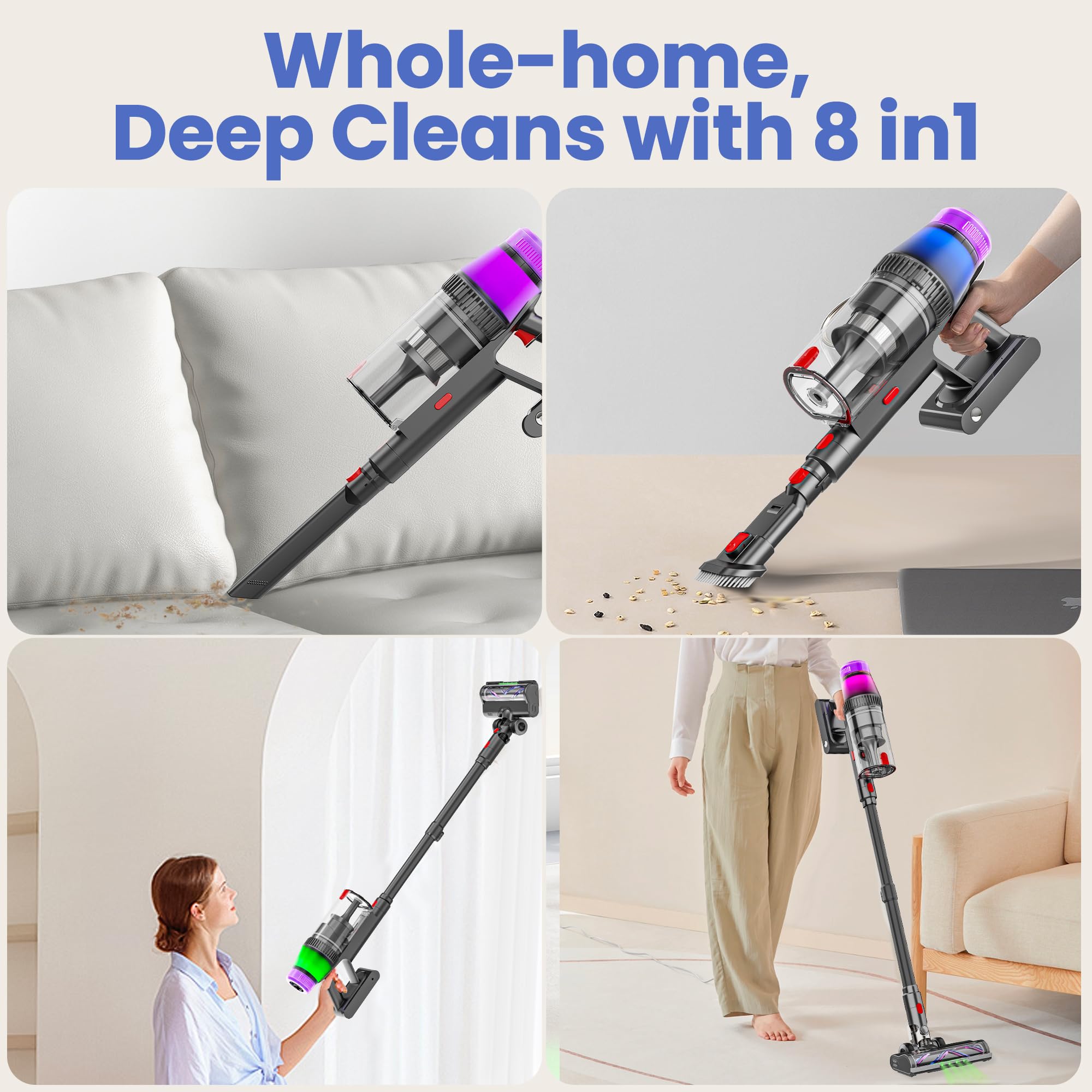 Powerful 500W Cordless Vacuum Cleaner - 45Kpa Suction, 60min Runtime for Home & Carpet Cleaning
