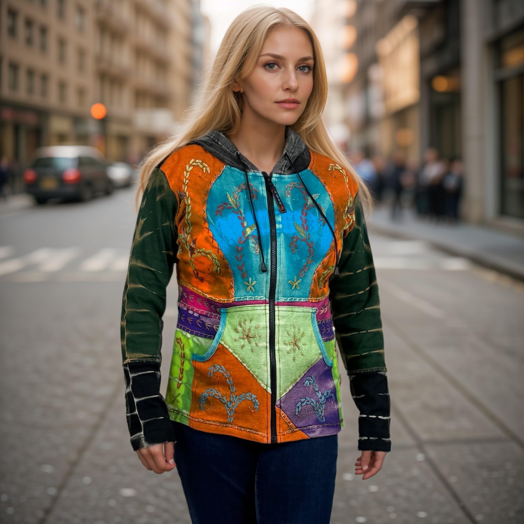 Agan Traders Women's 2025 Spring Boho Rib Knit Patch Tie-Dye Hoodie Sweatshirt Jacket - Cozy Casual Wear for Spring Outings & Street Fashion