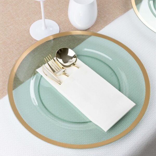 13 Inch Green and Gold Rim Plastic Charger Plates Set of 4 - Elegant Dinner Party Tableware for Weddings, Holidays & Formal Dining