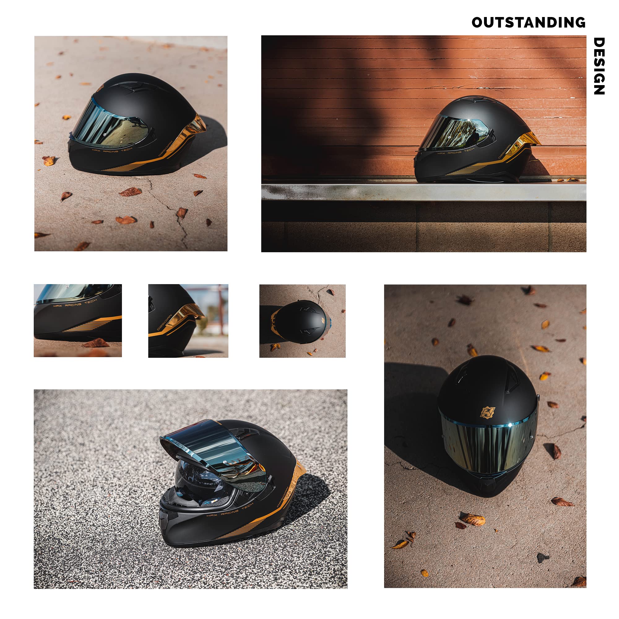 HAX Obsidian DOT Approved Full Face Motorcycle Helmet - Dual Visor, Pinlock Ready for Street Bikes - Matte Black Gold Finish (Ideal for Urban Commuting & Long-Distance Riding)