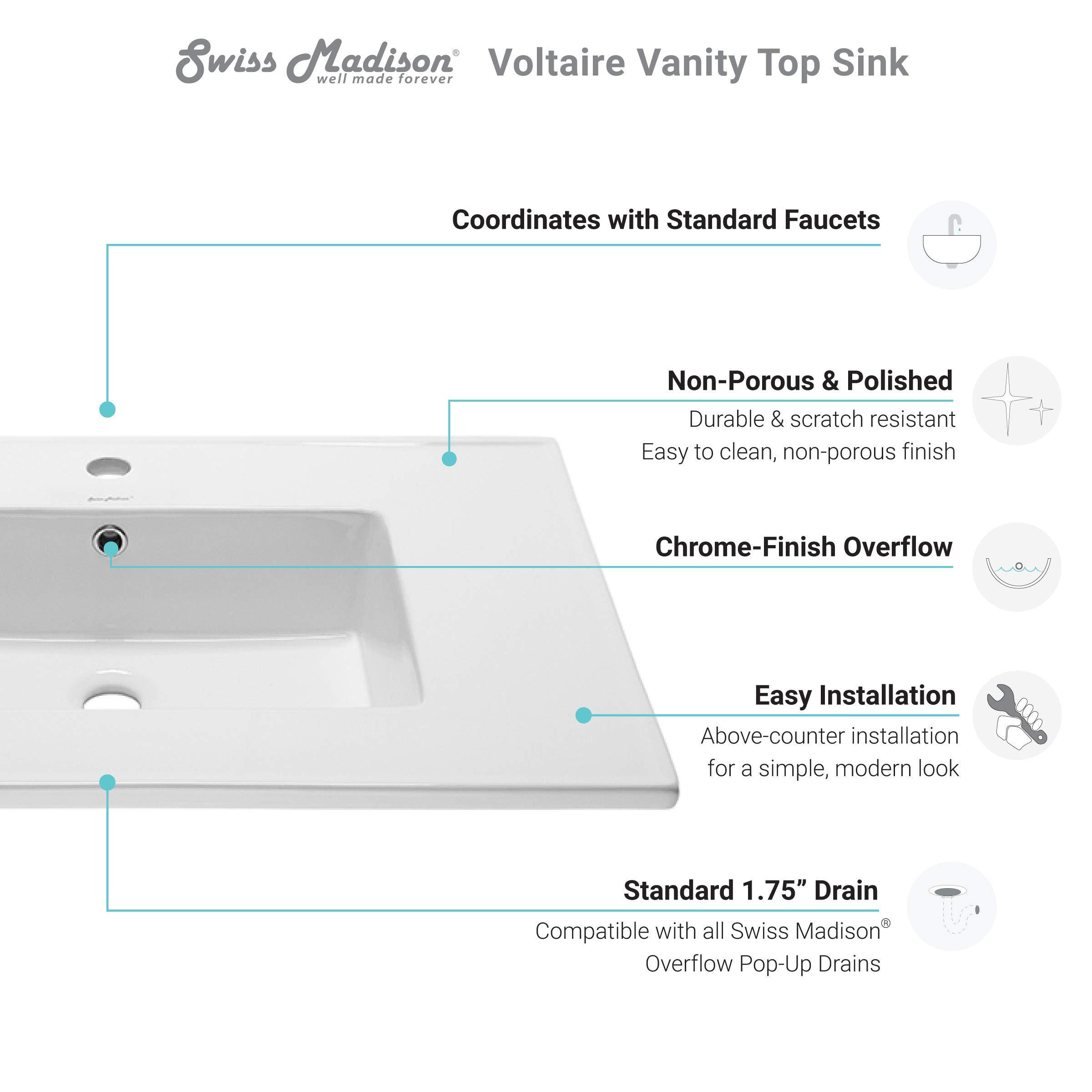 Swiss Madison SM-VT328 Voltaire Glossy White Vanity Top Sink - Modern Bathroom Sink for Powder Room, Guest Bath & Master Suite