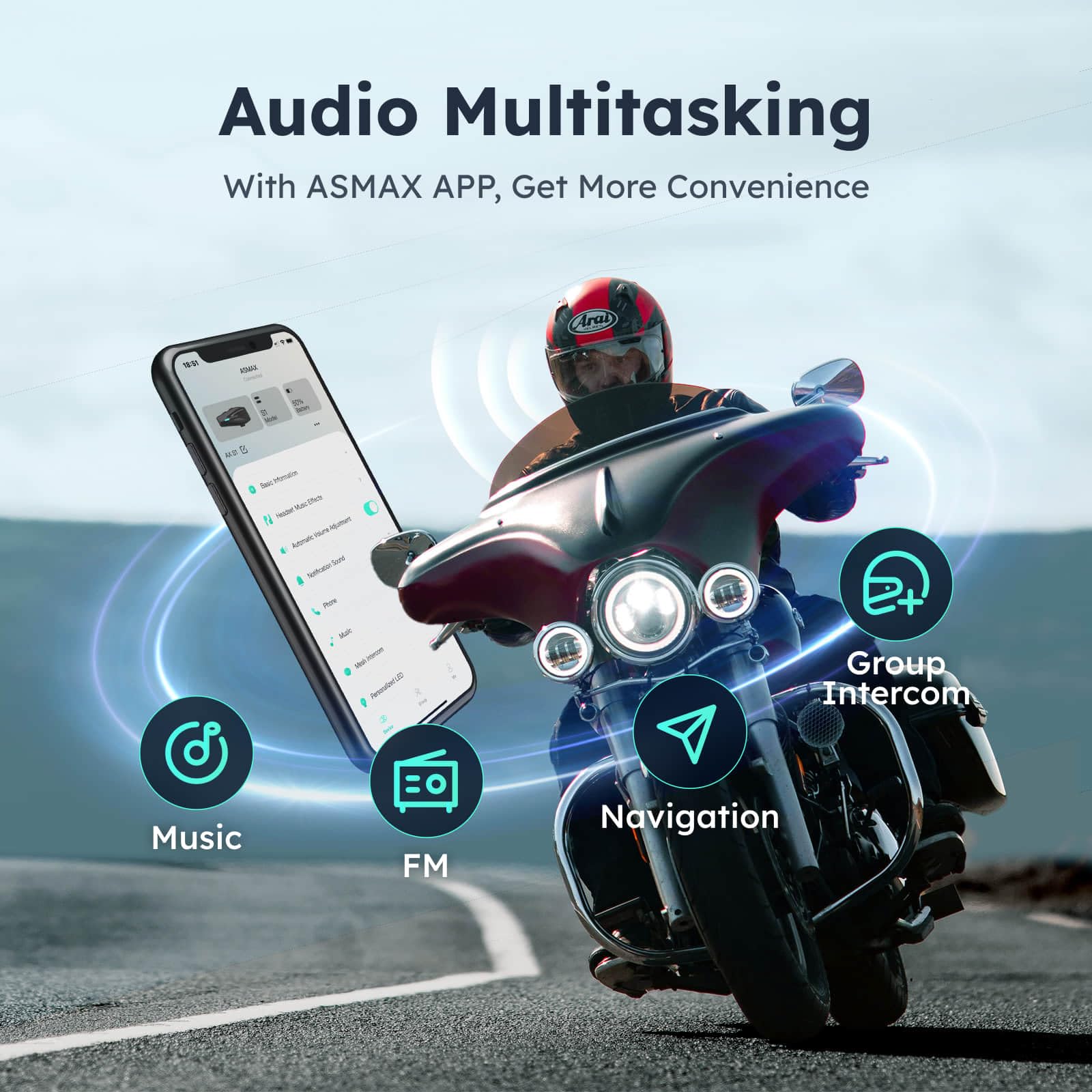 S1 Motorcycle Bluetooth Headset - 8 Rider Mesh Intercom System with FM Radio, AI Voice Control, 60 Min Fast Charge & Auto Volume | Perfect for ATV, Snowmobile & Skiing Adventures