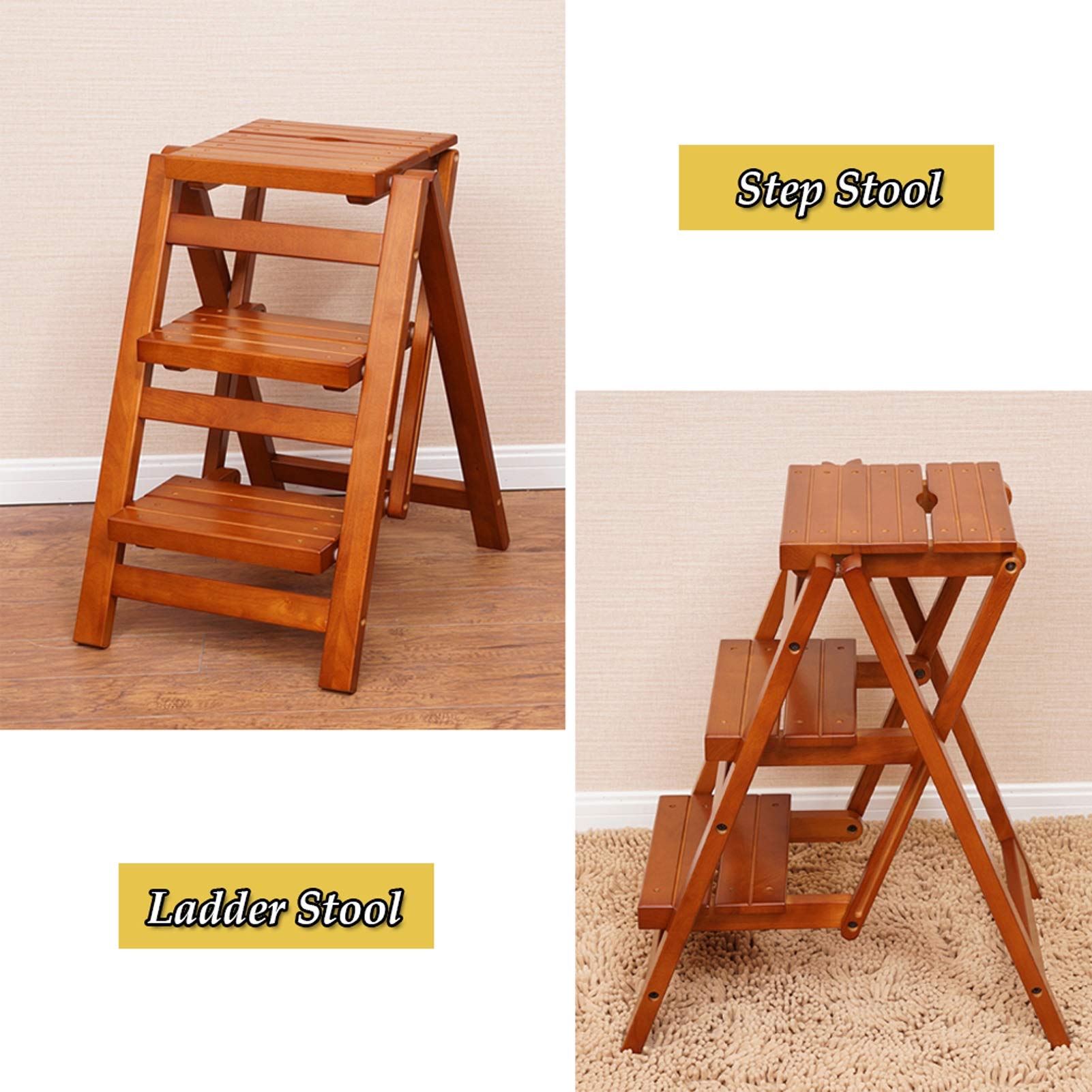 LEOSXA 3-Step Solid Wood Folding Step Stool - Heavy Duty Portable Ladder Stool for Home, Kitchen, Bathroom & Garage - Non-Slip Safety Stool for Adults & Kids - Multi-Purpose Climbing Stool for Storage & Cleaning