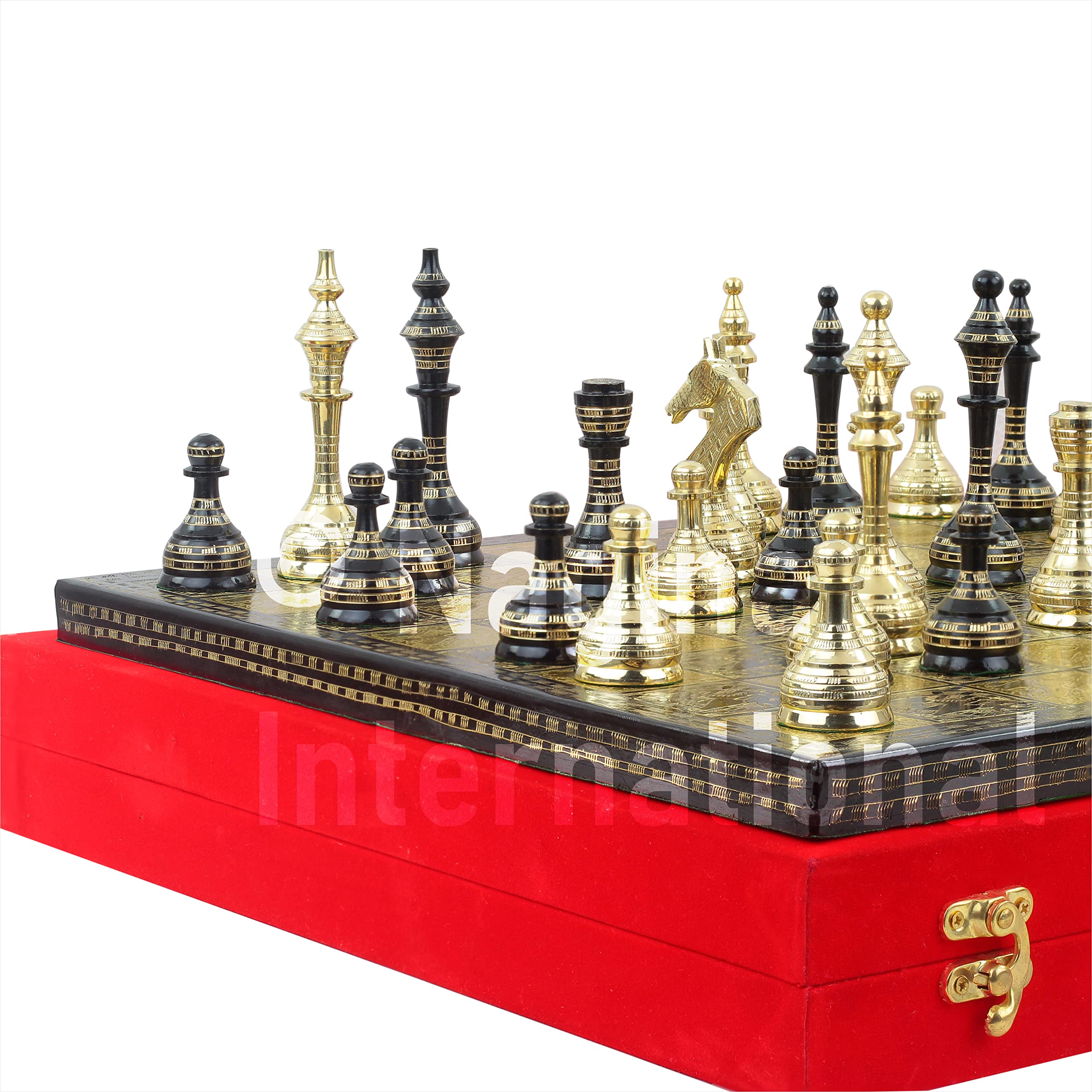 13 Inches Solid Brass Chess Set with Storage Case - Black & Gold Chess Board for Home Decor, Game Night, and Gifts