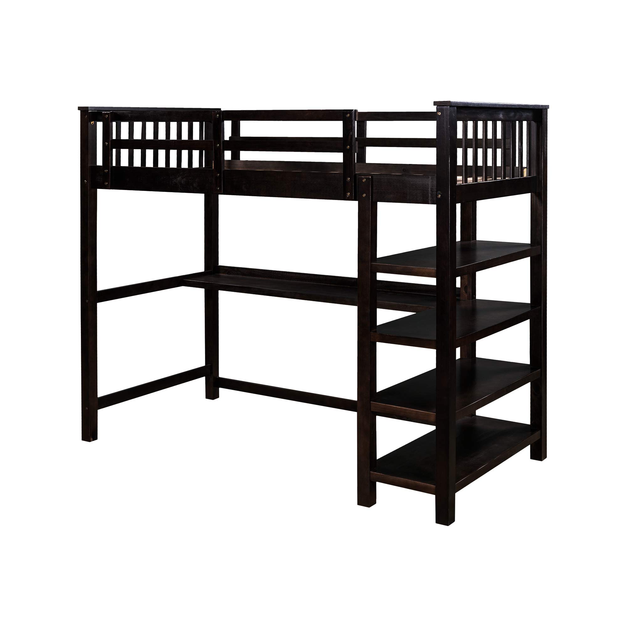 **Wooden Loft Bed Frame with Storage Shelves & Under-Bed Desk - Full-Length Guardrail & Built-in Ladder - Twin Size Espresso Finish - Perfect for Kids, Teens & Adults - Space-Saving Solution for Small Bedrooms, Dorms & Apartments**
