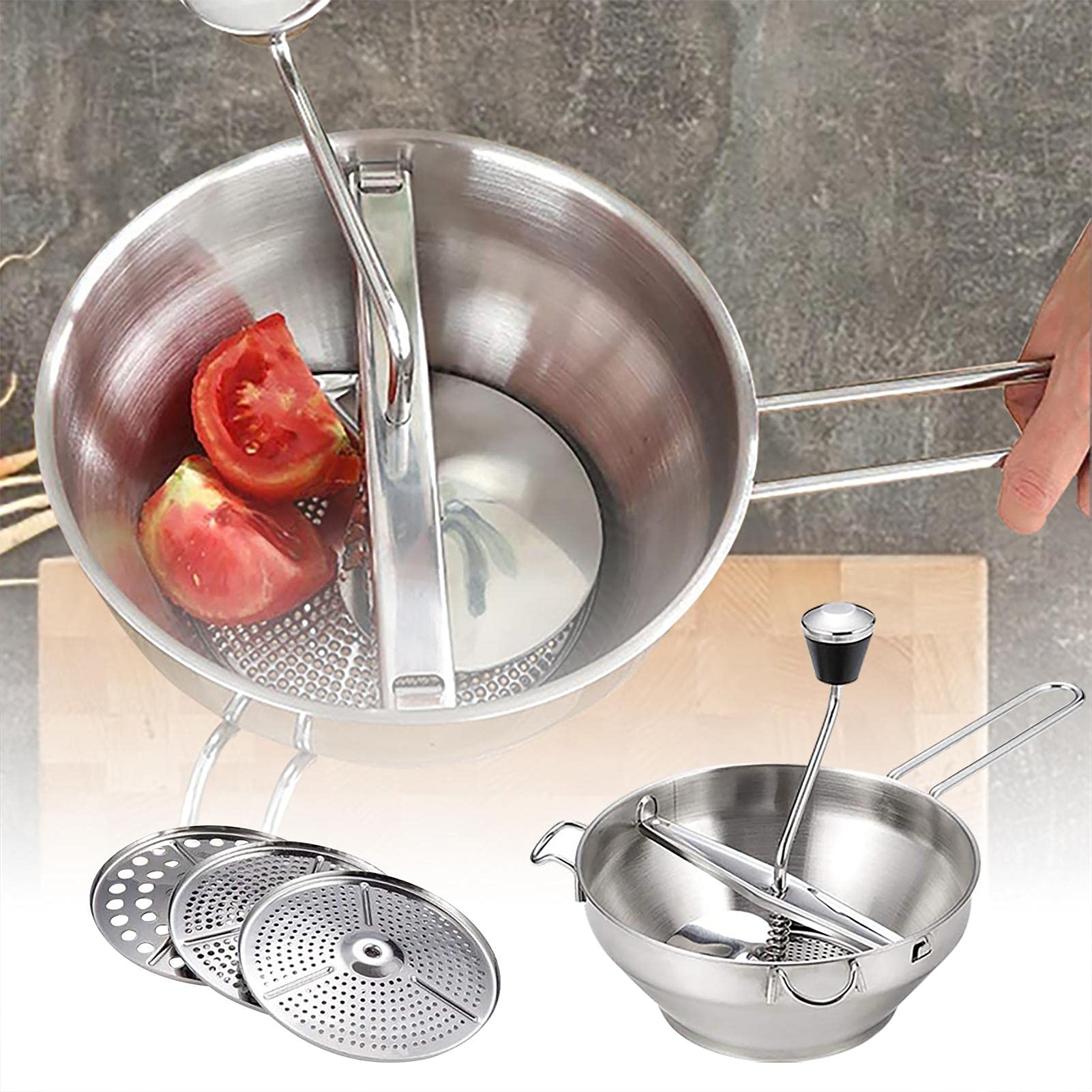Premium Stainless Steel Food Mill with 3 Interchangeable Discs - Manual Puree Maker for Tomato Sauce, Applesauce, Jam & Baby Food - Durable Rotary Food Grinder for Home Kitchen & Canning