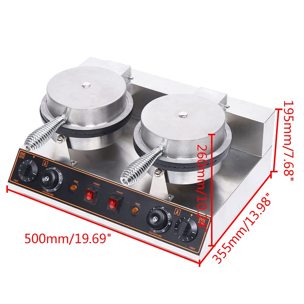 Commercial Waffle Maker - Nonstick Electric Mini Waffle Iron for Ice Cream Cones & Belgian Waffles, Dual Heating Plates with Adjustable Temperature (50-300°C) & Timer, 1200W - Perfect for Breakfast, Desserts & Cafes