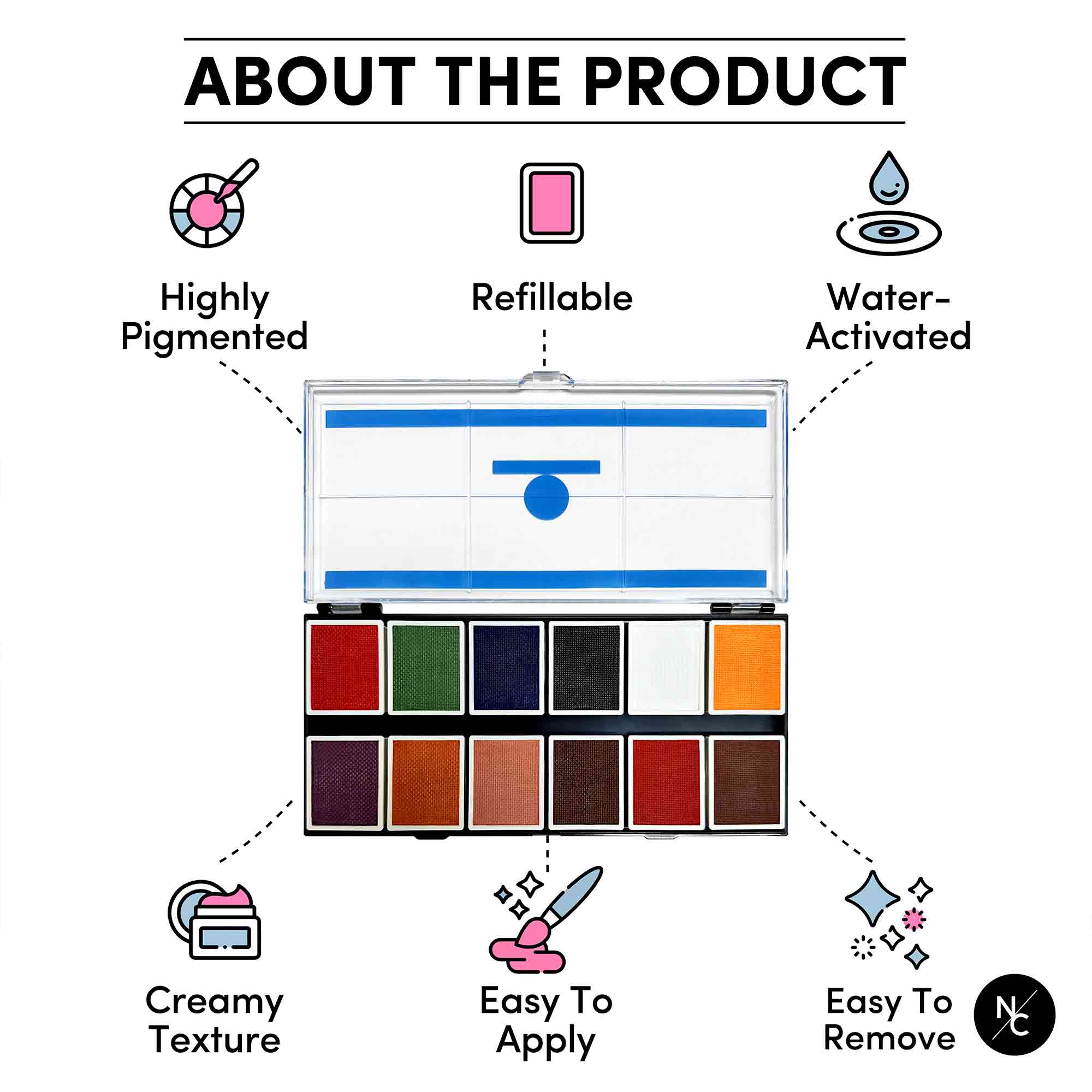 12 Color FX Water Activated Palette - Professional Face & Body Paint for Halloween, Cosplay & Theater - Safe for Kids & Adults - Easy to Use & Wash Off