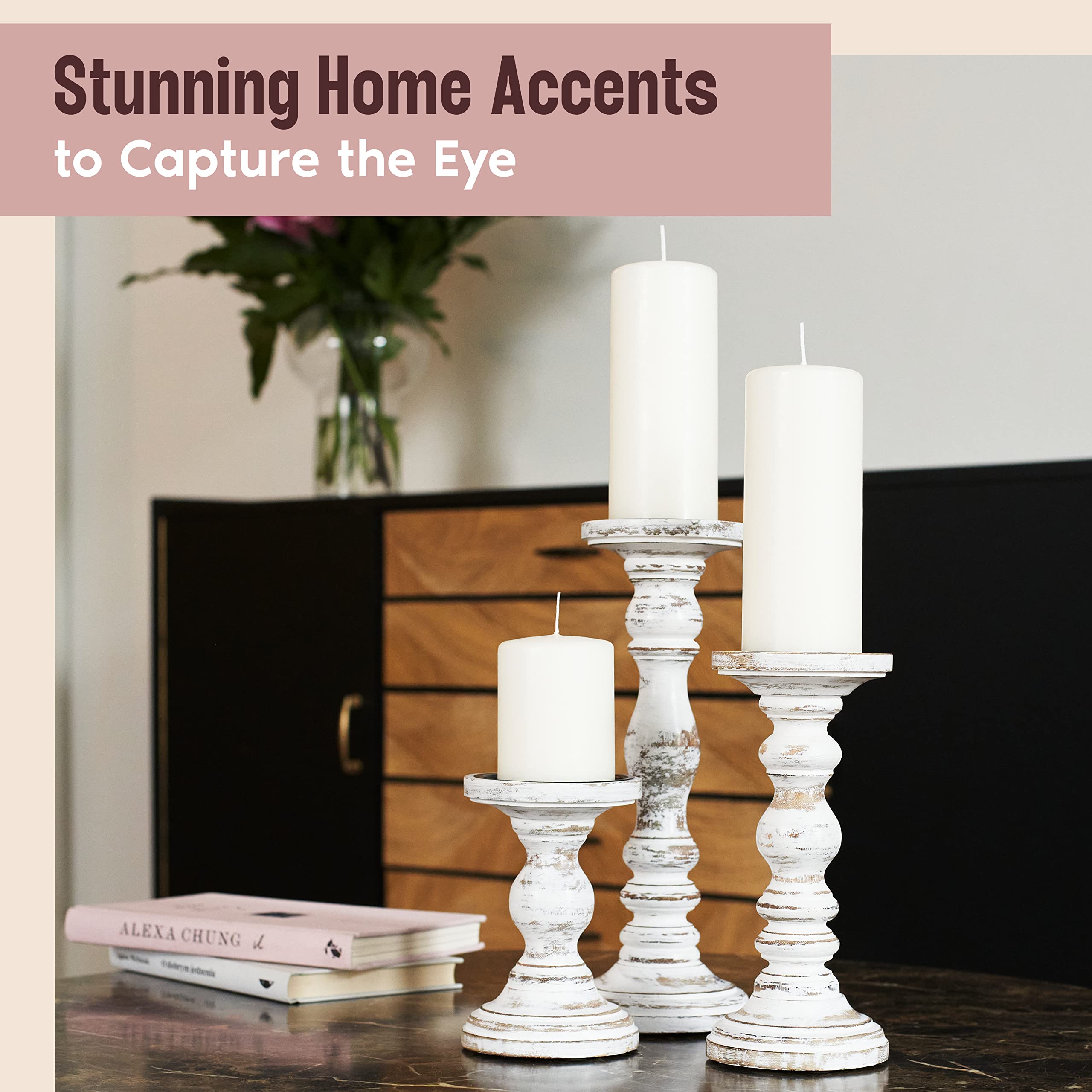 Large Rustic Farmhouse Candle Holders for Pillar Candles - 3-Piece White Home Decor Set - Perfect for Table Centerpieces, Coffee Table & Fireplace Mantel - Ideal for Weddings, Dinner Parties & Cozy Evenings