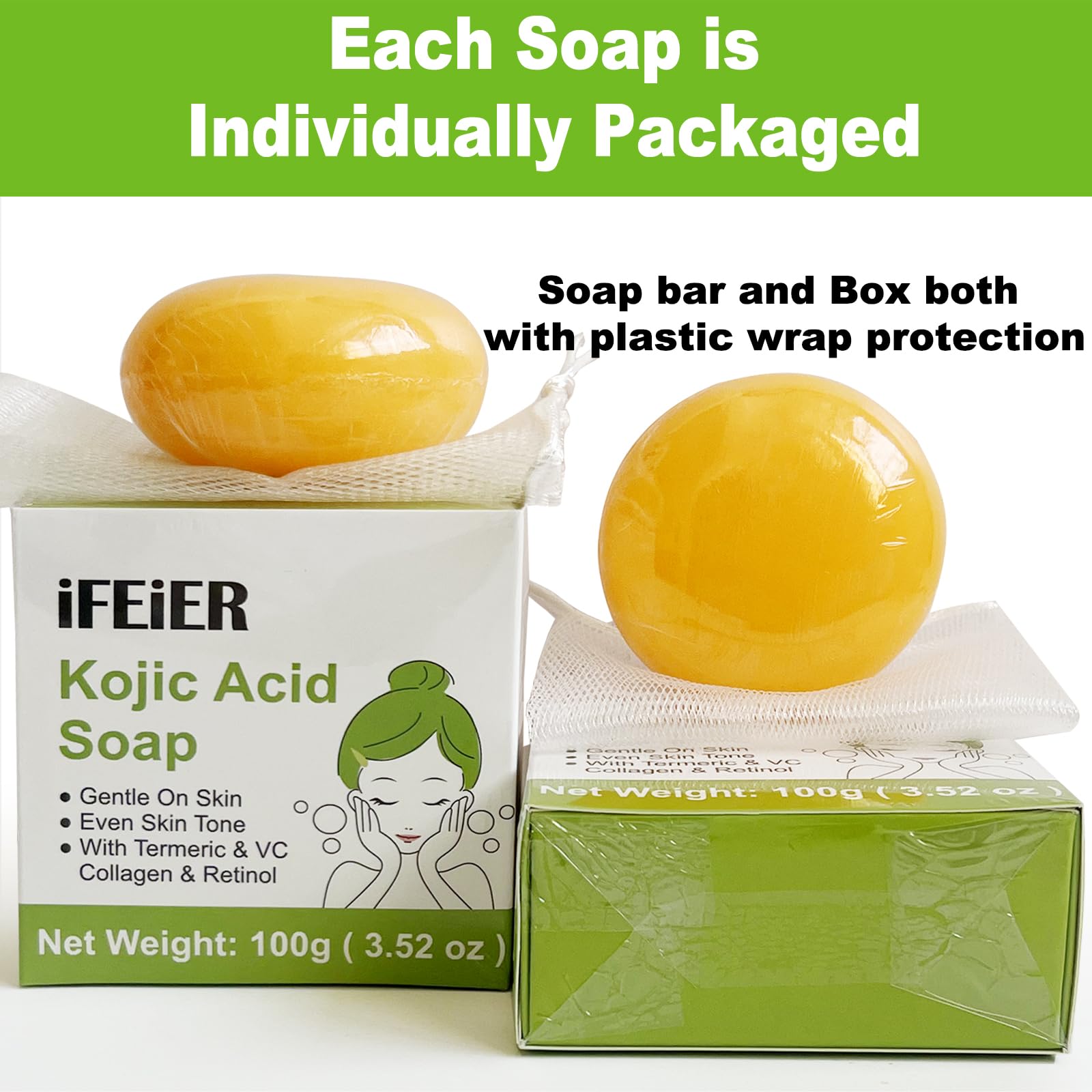 Kojic Acid Soap Bar 200g (7.04 oz) 2 Pack - Vitamin C, E & Retinol Soap with Collagen & Turmeric for Skin Brightening & Acne Treatment - Exfoliating Body Wash for Men & Women - Perfect for Daily Skincare & Dark Spot Removal