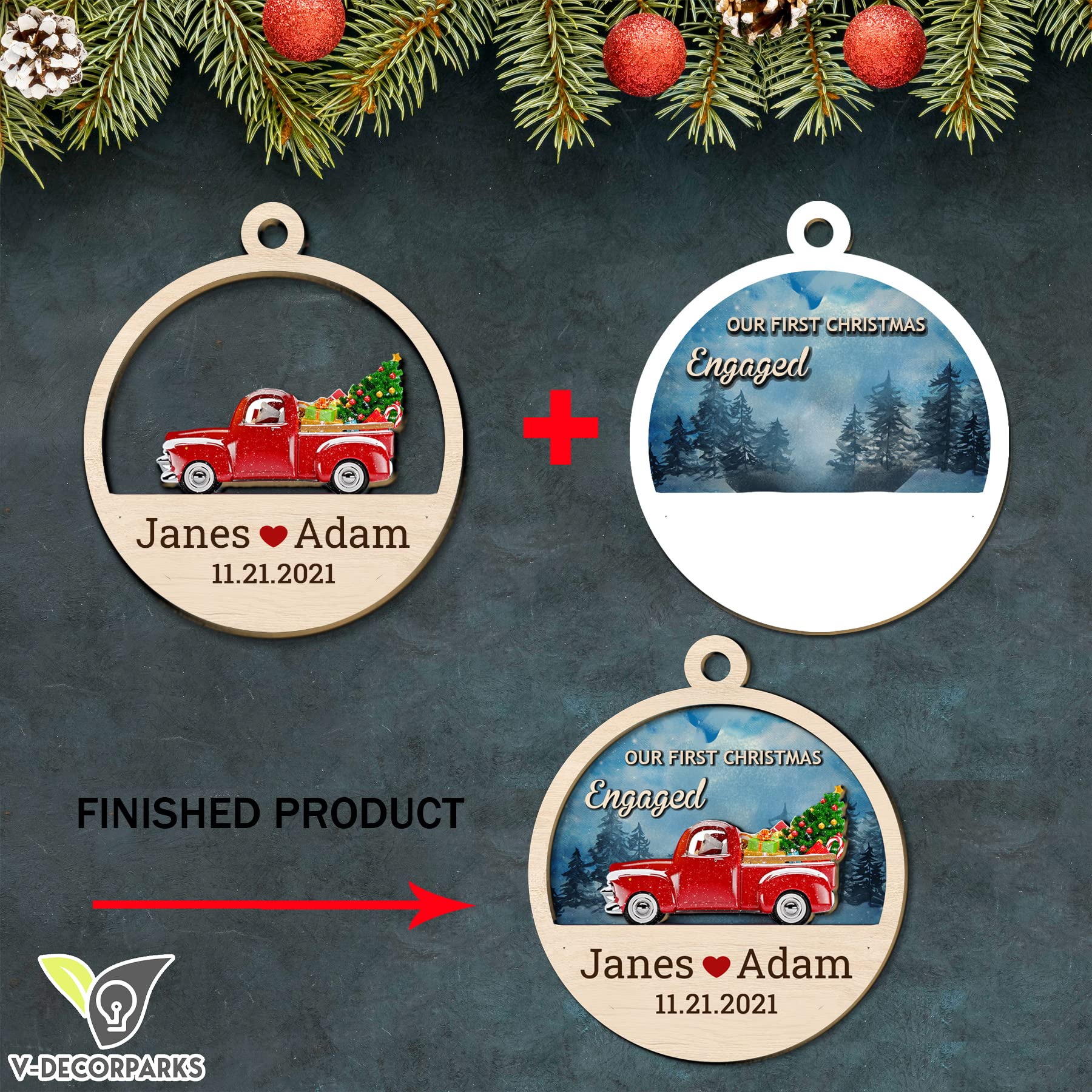 Personalized First Christmas as Mr and Mrs Ornaments - 3D Wooden Layered Custom Couple Christmas Tree Decorations (Set of 10) | Perfect for Newlyweds, Engaged Couples & Anniversary Gifts