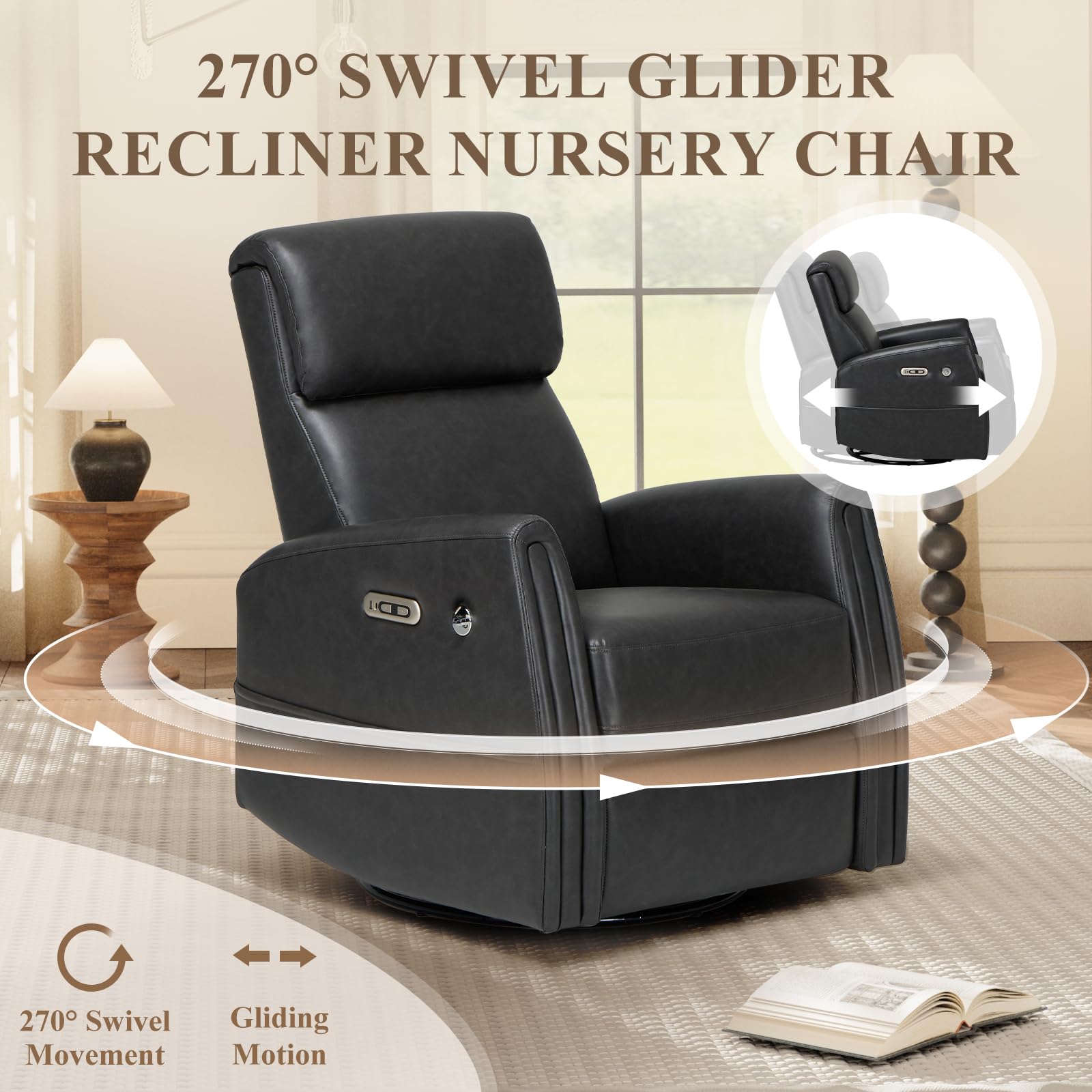 COLAMY Power Swivel Recliner Glider Rocking Chair with USB Charging Ports - Comfortable Nursery Chair for Baby Room, Living Room Accent Armchair & Bedroom Recliner - Charcoal Gray - Perfect for Nursing, Relaxing & Small Space Furniture
