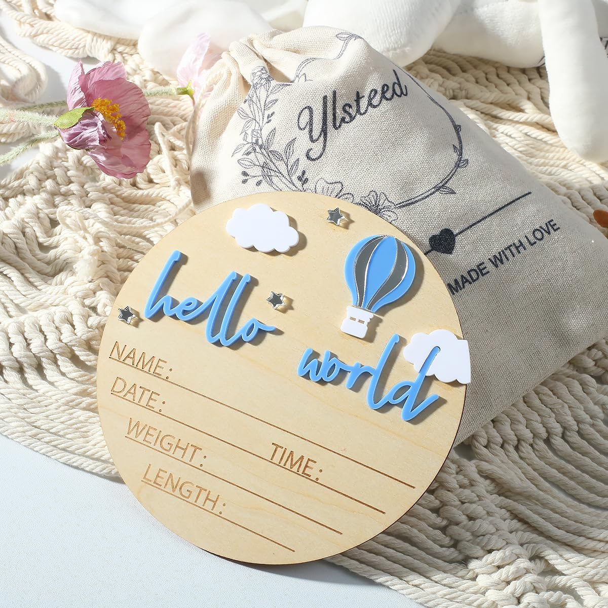 Ylsteed Wooden Baby Announcement Sign - Custom Newborn Name Sign for Boy & Girl, Hello World Birth Decor, Photography Props, Baby Shower & Nursery Decor - Perfect for Hospital Photos, Gender Reveals & First Birthday Parties