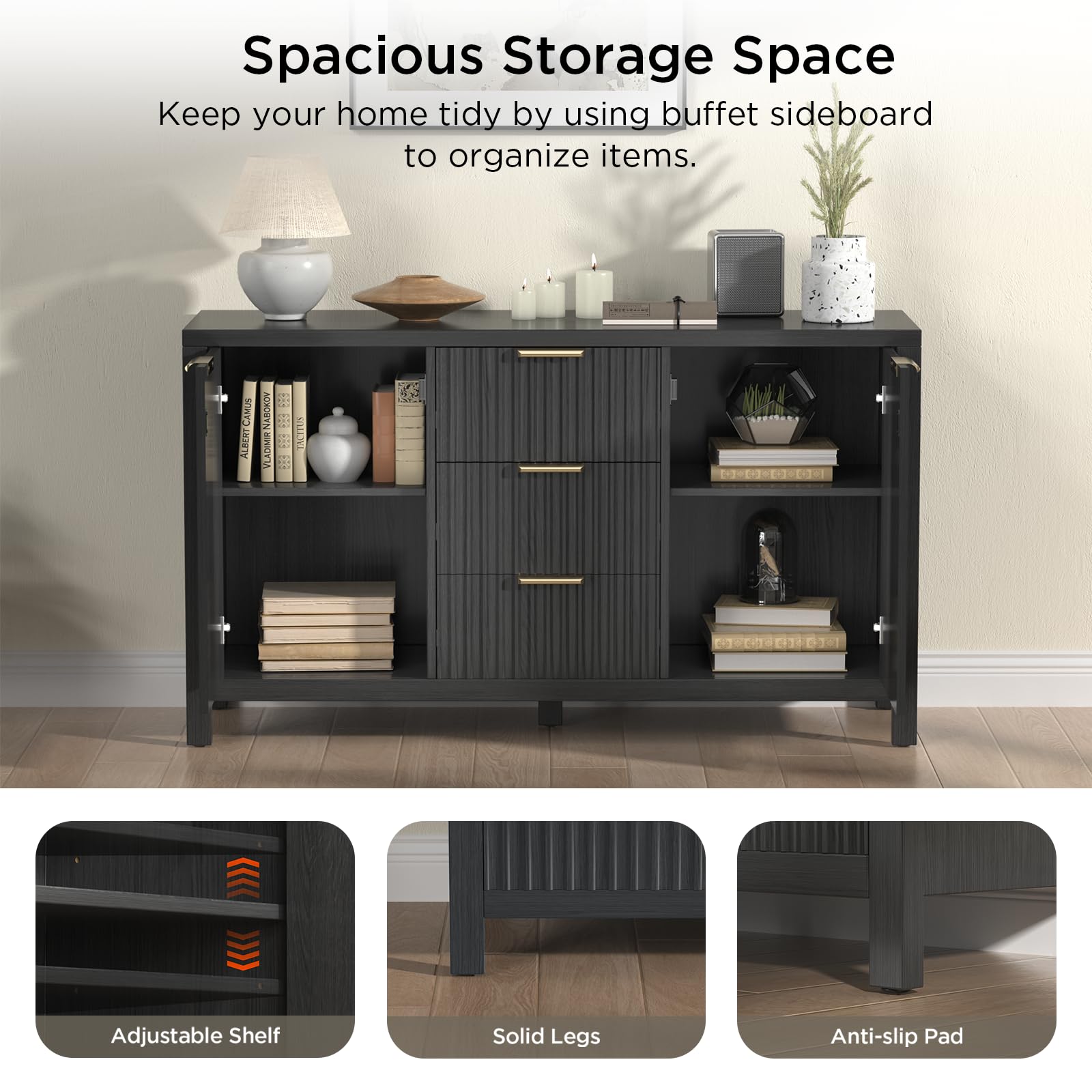 Fluted Storage Cabinet with 2 Doors & 3 Drawers - 47