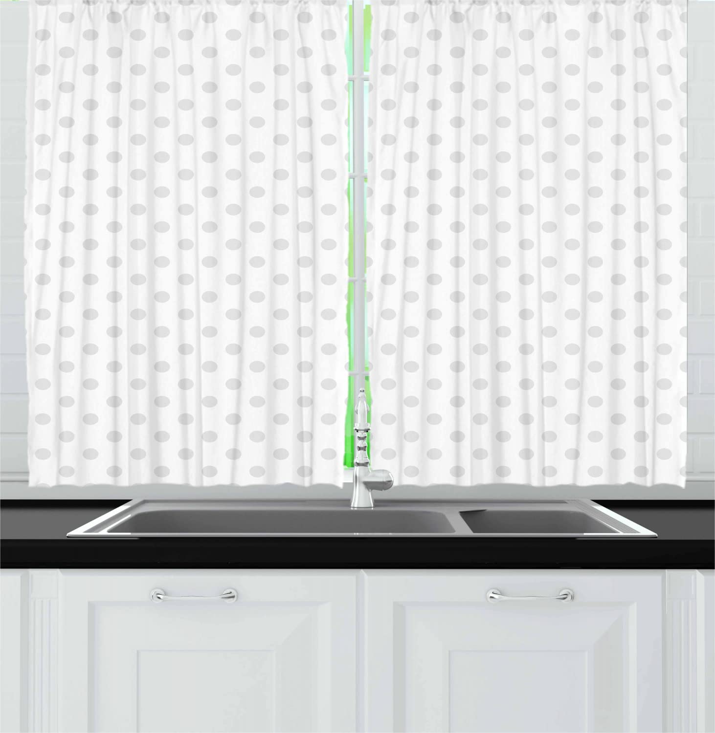 Ambesonne Grey Long Kitchen Curtains - Small Polka Dots on White Backdrop, Retro Style Spotted Traditional Pastel Pattern - 2 Panel Drapes with Rod Pocket, 55
