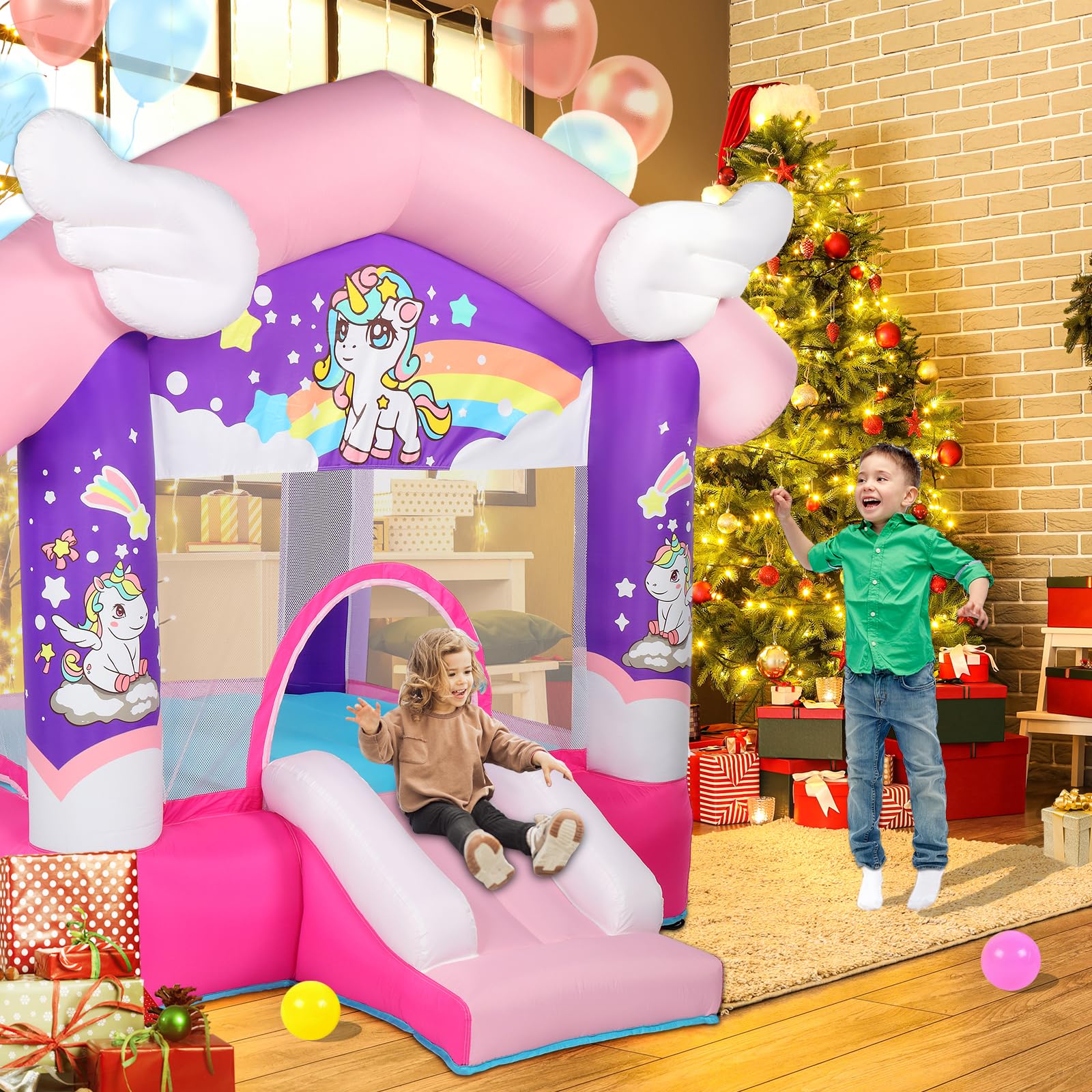 JOYMOR Unicorn Princess Inflatable Bounce House with Slide - Pink Kids Bouncy Castle for Indoor & Outdoor Play (Ages 3-6) | Birthday Parties, Backyard Fun, Summer Activities (Blower Included)