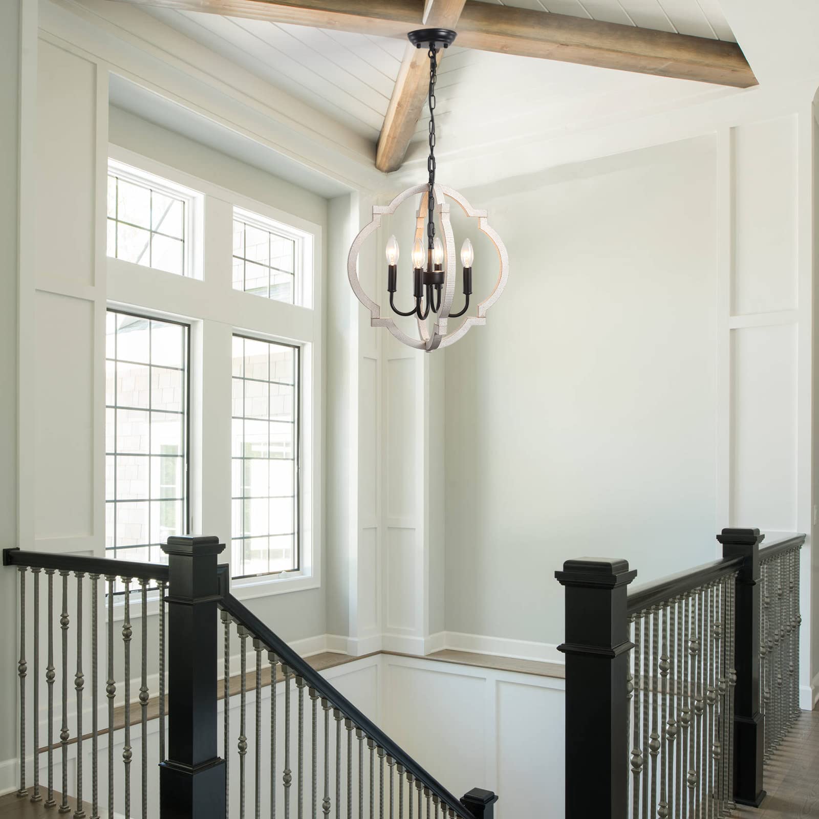 Rustic Farmhouse Orb Wood Chandelier - 4 Light Hanging Pendant Lighting Fixture for Dining Room, Living Room, Bedroom, Hallway & Entryway | Perfect for Cozy Home Decor & Farmhouse Style Interiors