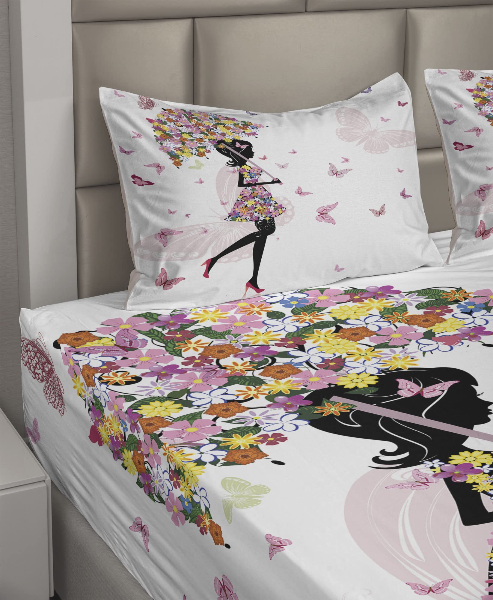 Ambesonne Floral Umbrella & Butterfly Bedding Set - 4 Piece King Size Sheets with Pillowcases, Black & Pink Inspirational Art Design - Perfect for Girls' Rooms, Teen Bedrooms & Boho Chic Decor