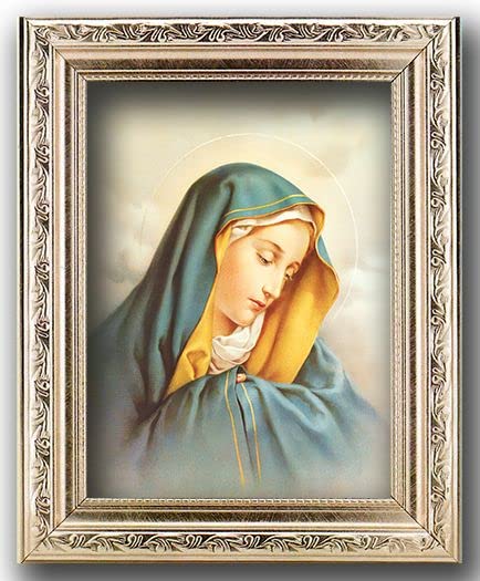 Our Lady of Sorrows Framed Wall Art - Antique Silver Detailed Religious Home Decor with Carved Scrollwork - Perfect for Church, Prayer Room & Catholic Home Decor