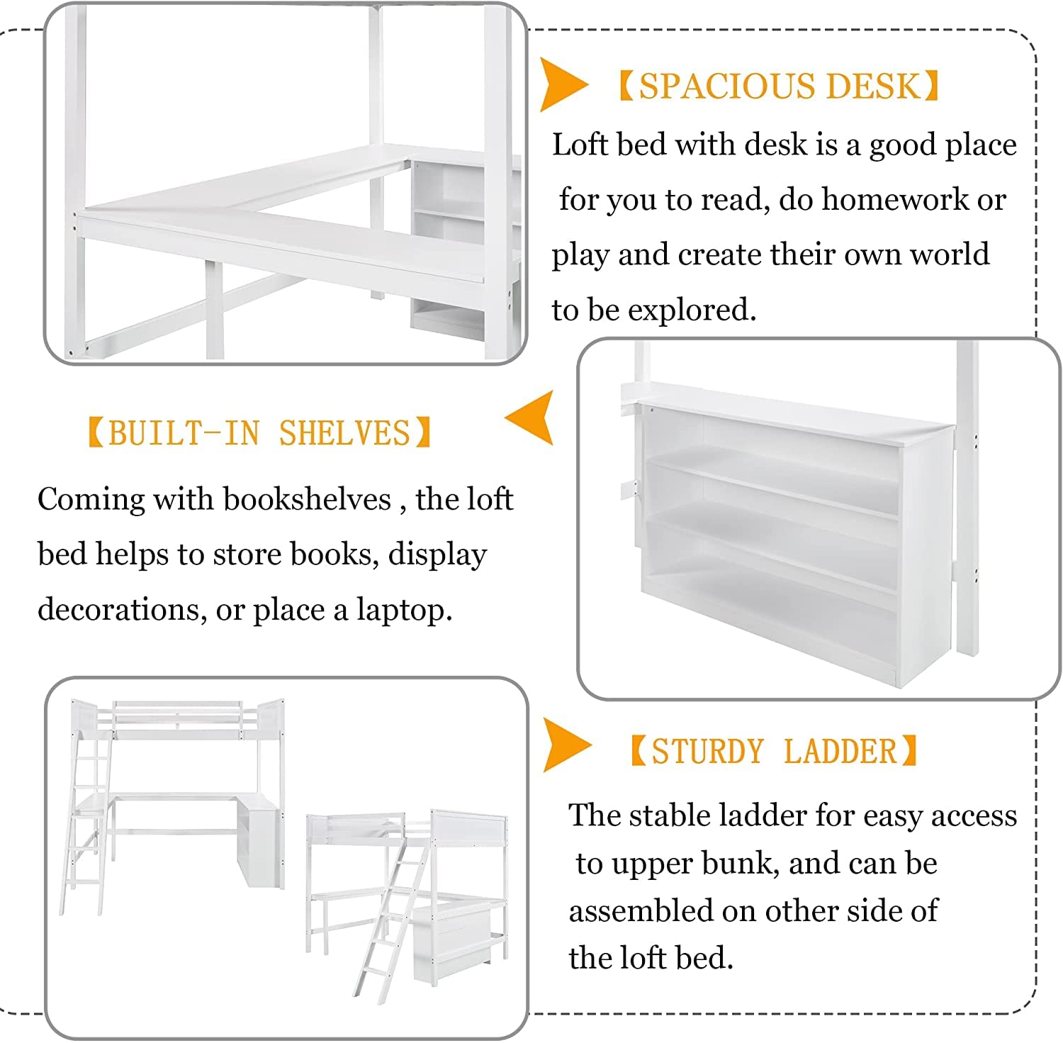 MERITLINE Twin Loft Bed with Study Desk & Storage Shelves - Sturdy Wooden Bunk Bed for Kids, Teens, Boys & Girls - Space-Saving Design (No Box Spring Needed) - Perfect for Small Bedrooms, Dorm Rooms & Kids' Study Areas (Twin Size, White Finish)