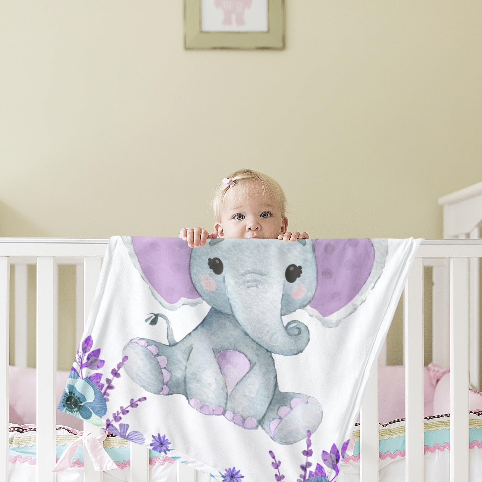 Personalized Baby Blankets for Girls with Name - Custom Embroidered Soft Flannel Receiving Blanket for Newborns (60x80 inches) - Perfect for Nursery, Christening Gifts & Photo Shoots - Purple Elephant Design