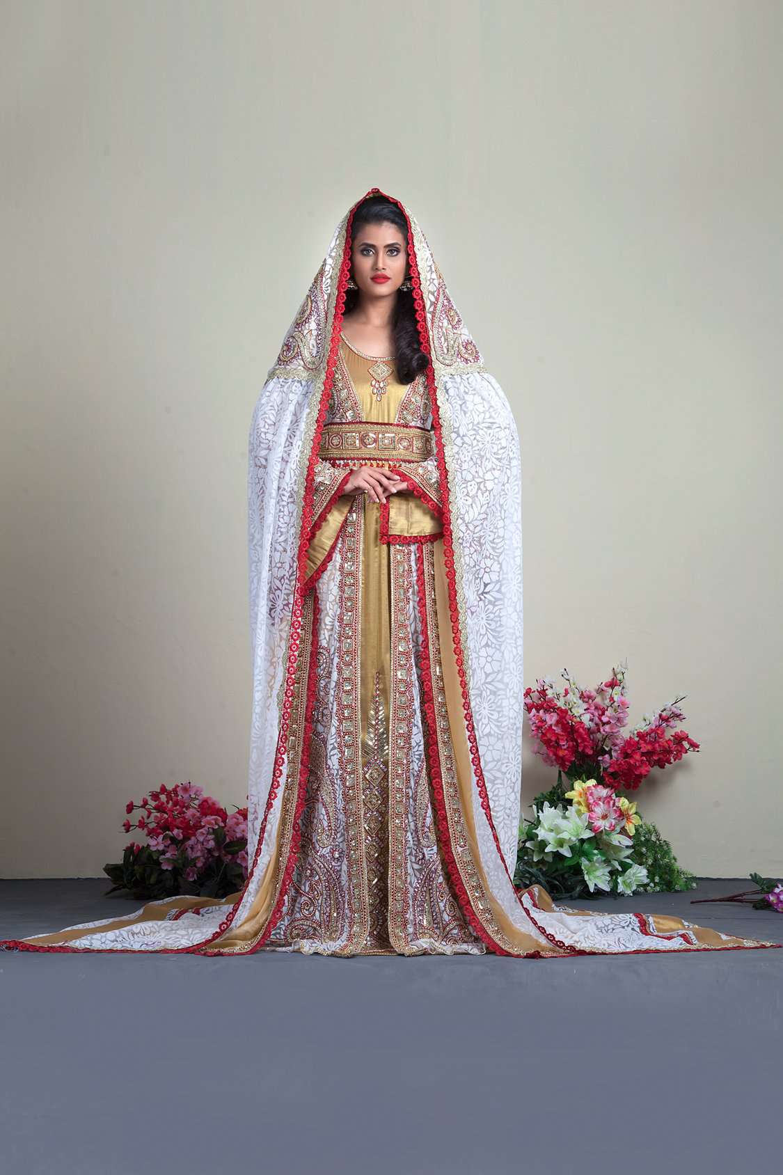 Exclusive Beige Moroccan Wedding Kaftan with Bell Sleeves & Hand-Beaded Veil | Elegant Bridal Gown for Boho Chic Ceremonies & Photoshoots