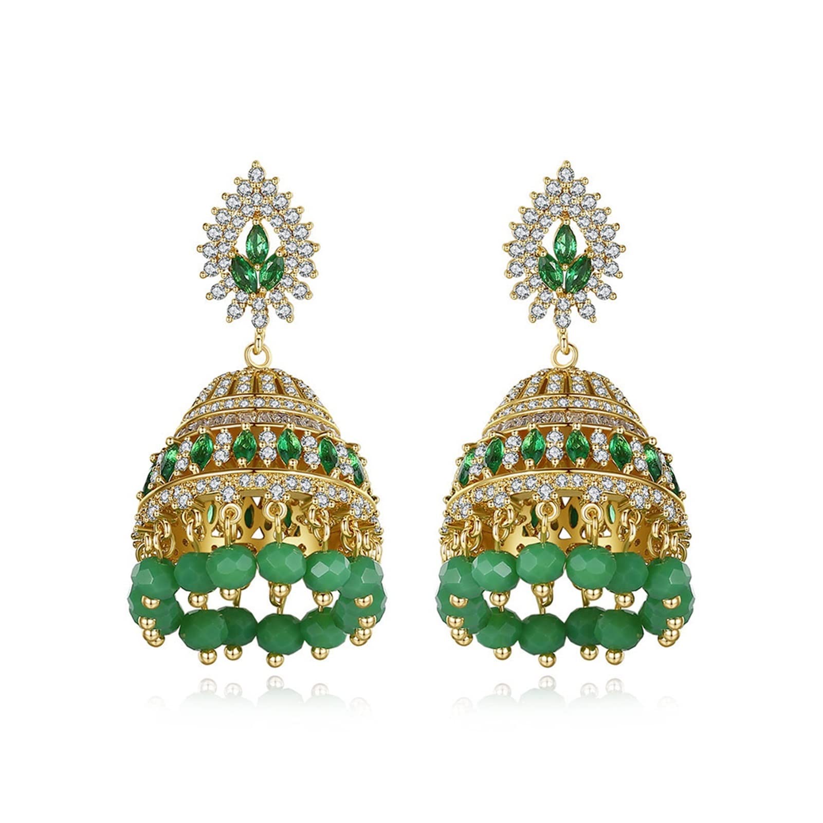 SHUBIAO Elegant Crystal Dangle Earrings for Women - Wedding, Party & Ethnic Fashion Jewelry - Green Beaded Tassel Drop Earrings - Boho Indian Style Statement Earrings (Perfect for Bridal, Evening Events & Cultural Celebrations)