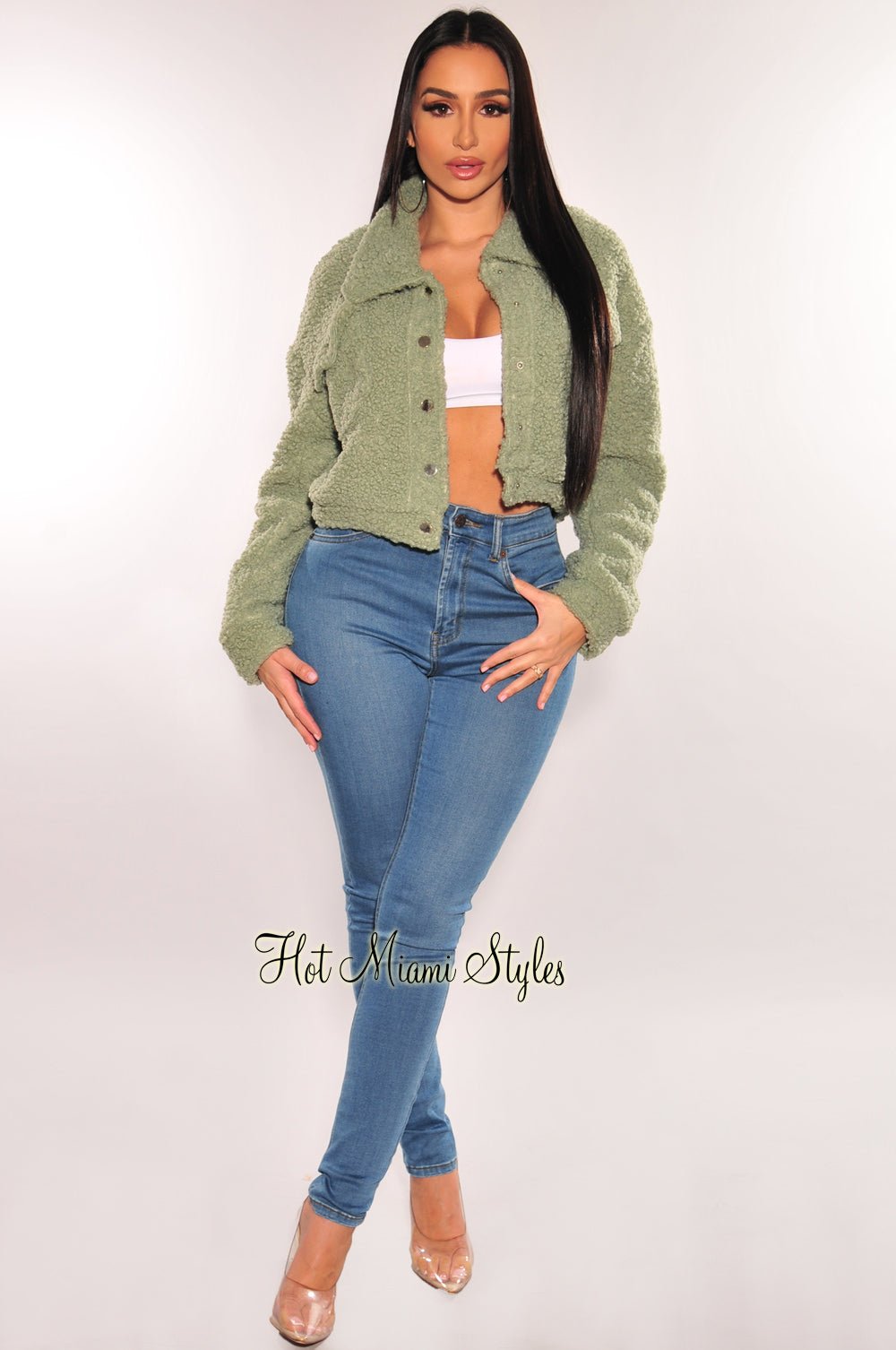 Sage Green Teddy Bear Collar Long Sleeve Cropped Jacket for Women - Cozy Winter Outerwear for Casual Outings and Street Style Fashion