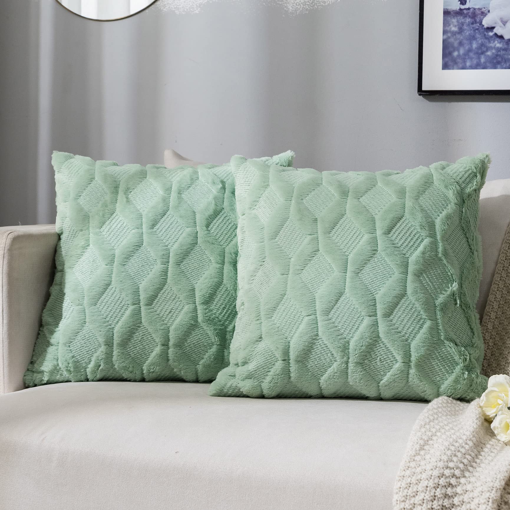 JUSPURBET 16x16 Inch Double Sided Plush Throw Pillow Covers - Pack of 2, Soft Luxury Apple Green Decorative Pillow Cases for Couch, Sofa, Bedroom - Perfect for Home Decor, Living Room Accent & Cozy Comfort