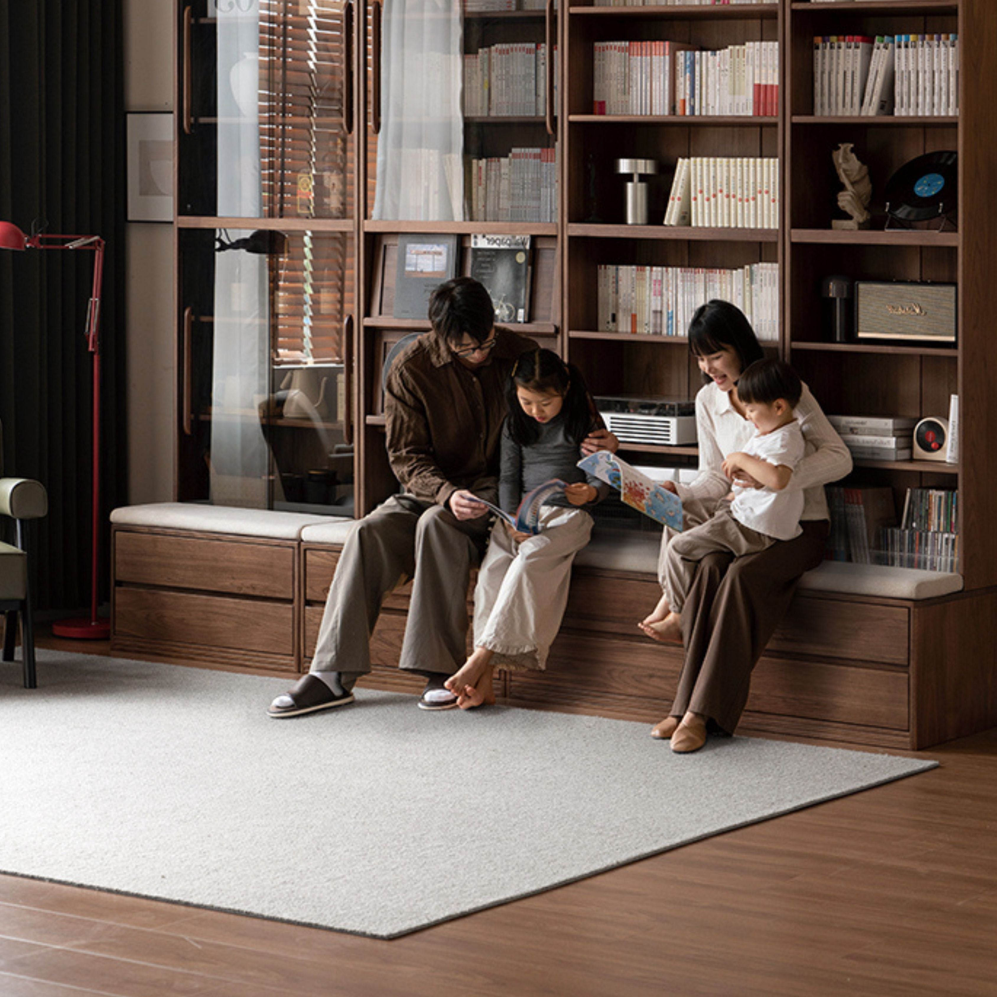 Solid Black Walnut Wood Wall-to-Wall Bookshelf with Built-in Seat - Modern Luxury Home Office & Living Room Storage Solution