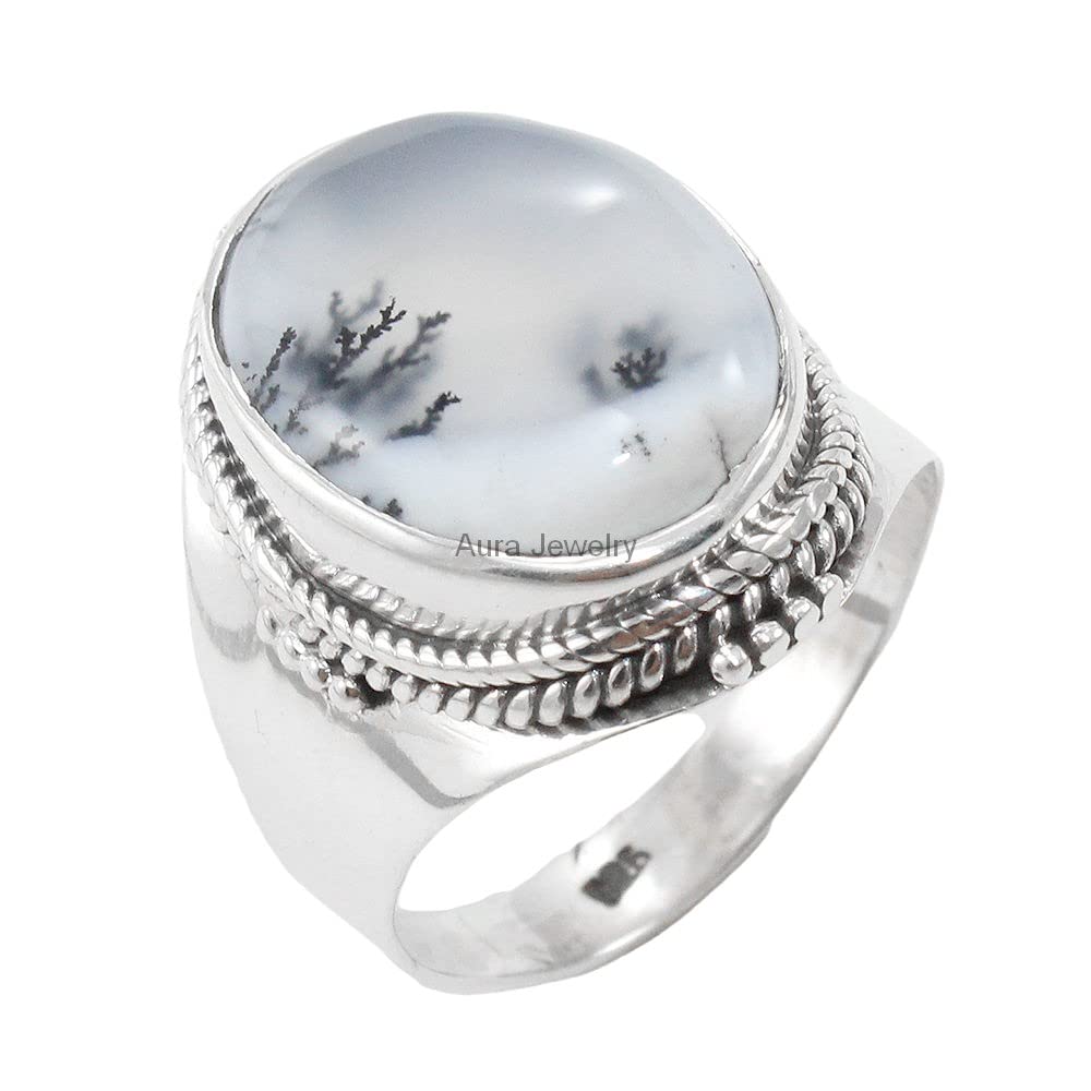 925 Sterling Silver Dendritic Opal Ring for Women - Elegant Halo Jewelry Gift for Mother's Day & Bridesmaids