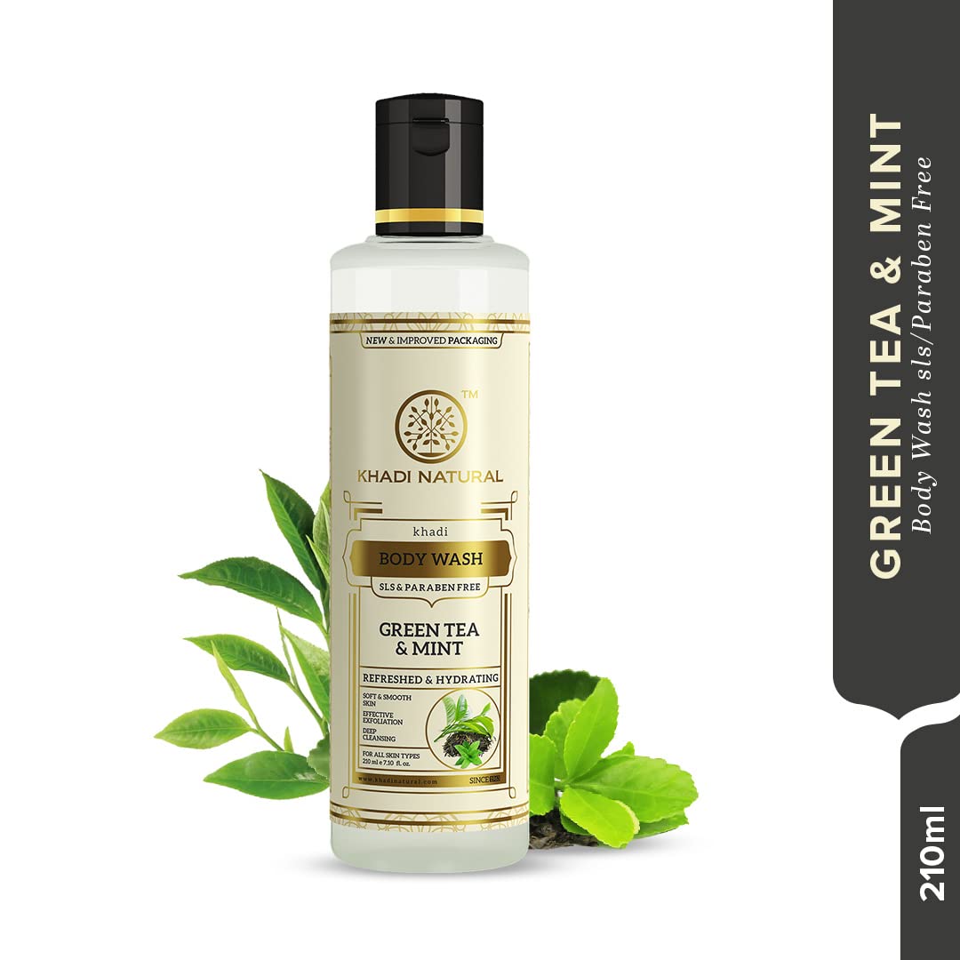KHADI NATURAL Green Tea & Mint Herbal Body Wash - SLS Free, Paraben Free, 210ml - Refreshing Daily Shower Gel for Sensitive Skin & Aromatherapy