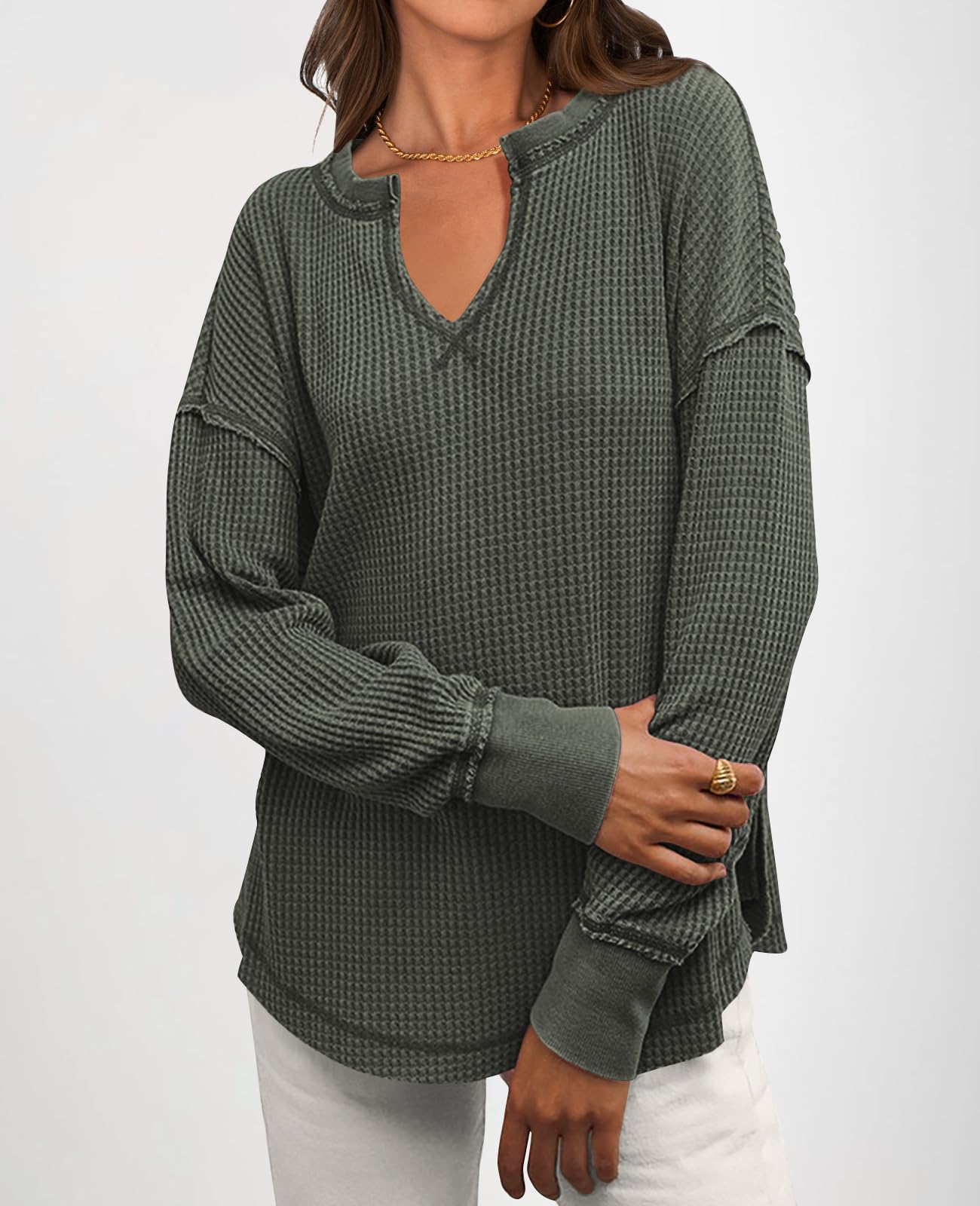 PRETTYGARDEN Women's Waffle Knit Long Sleeve V-Neck Drop Shoulder Pullover Sweater - Casual Oversized Tunic Top with Exposed Seam Details for Spring & Fall | Perfect for Layering, Office Wear, and Weekend Outfits