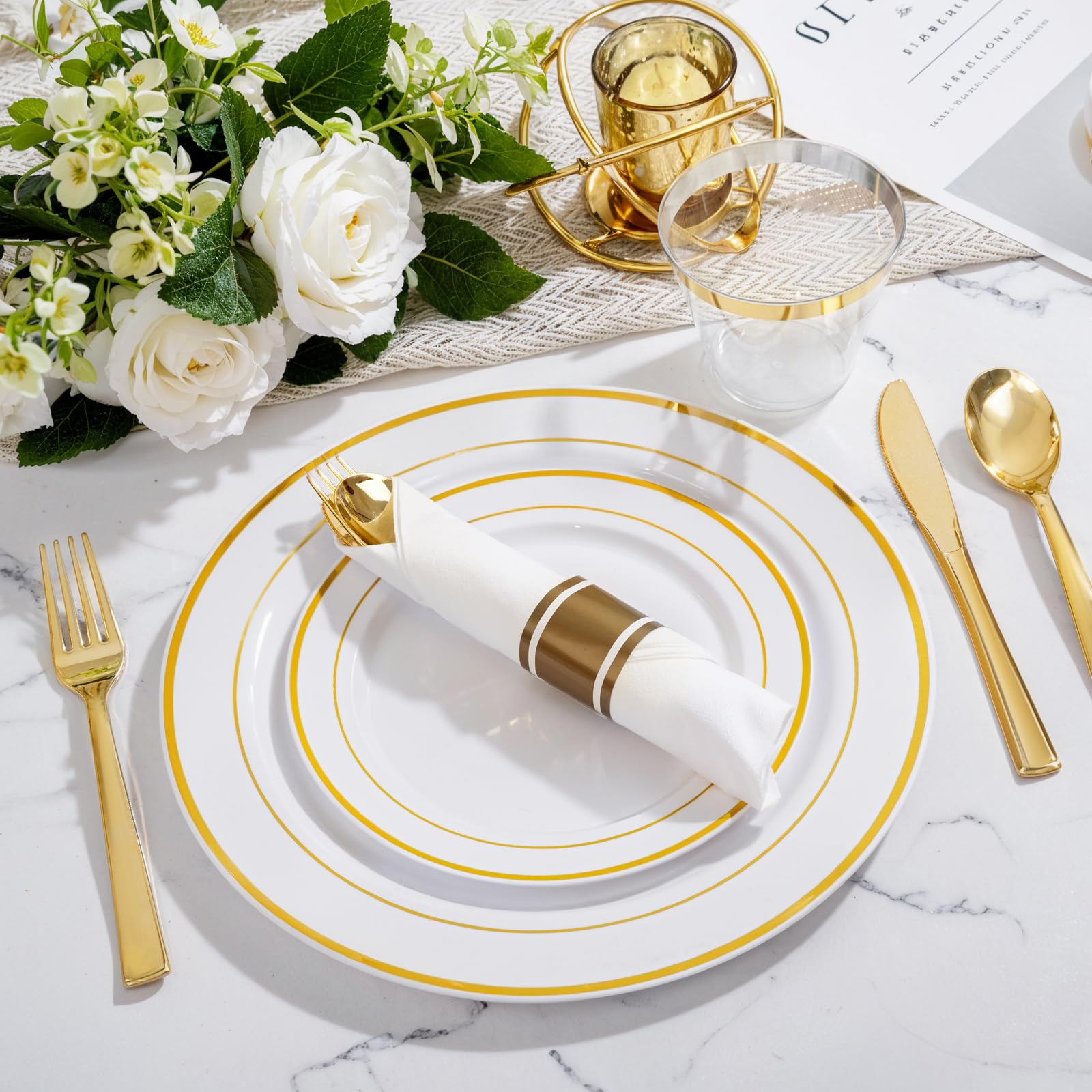 WELLIFE 350-Piece White and Gold Disposable Plastic Dinnerware Set - Includes 100 Gold Plates, 150 Silverware, 50 Napkins, 50 Cups for Party, Wedding, Baby Shower & Events - Elegant Disposable Tableware for 50 Guests