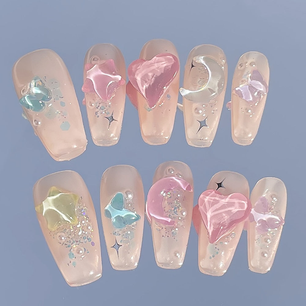 Handmade Press-On Nails - Kawaii Barbie Design Full Cover Fake Nails | Orange Artificial Manicure for Daily Wear & Special Occasions