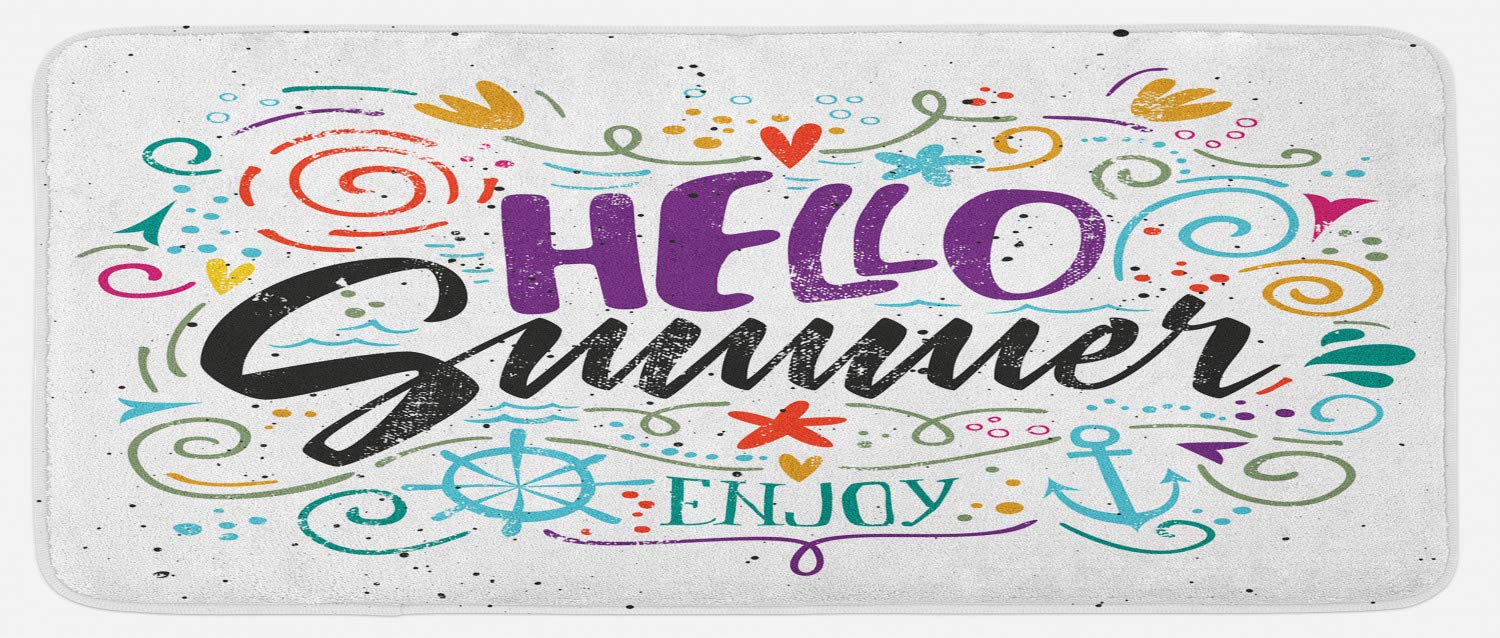 Ambesonne Non-Slip Kitchen Rug - 'Hello Summer' Floral Anchor Print Plush Mat 47x19 Inch - Colorful Decor for Kitchen, Entryway, or Laundry Room - Perfect for Home, Apartment & Dorm Use