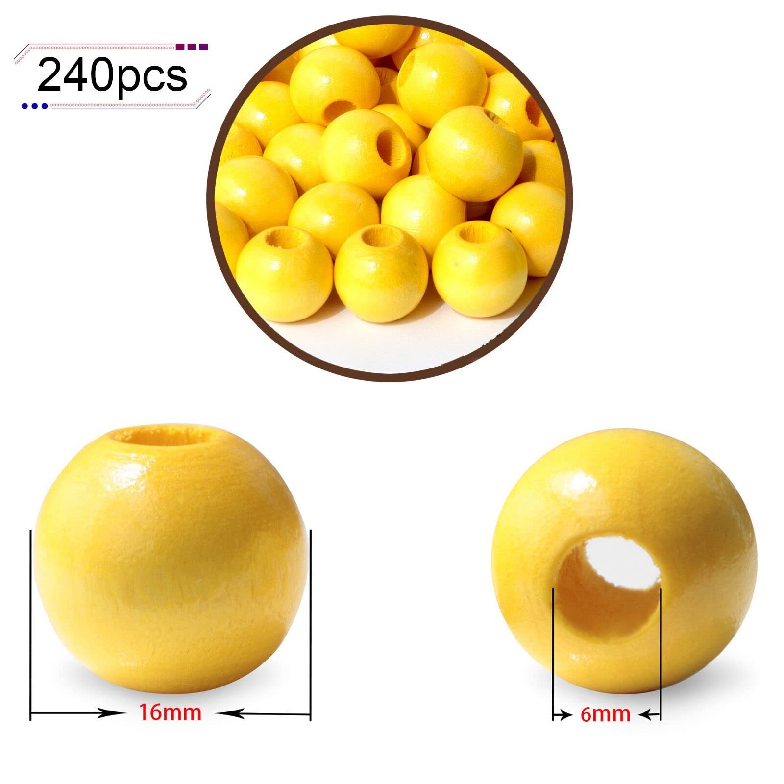 240Pcs 16mm Yellow Wood Beads for Crafts - Large Hole Natural Wooden Beads Perfect for Jewelry Making, DIY Bracelets, Necklaces, and Home Decor