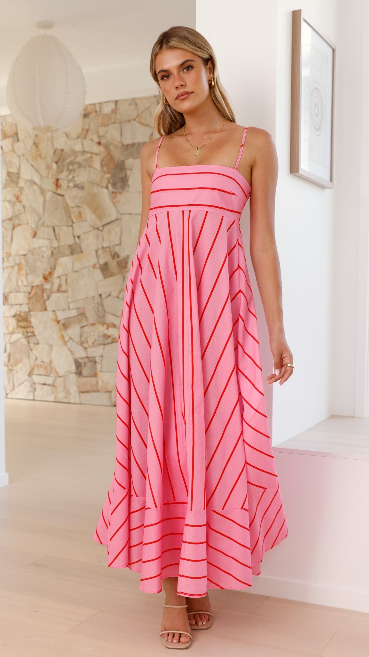 Kaethe Maxi Dress - Flowy Pink & Red Striped Summer Dress for Women, Beach Wedding & Vacation Outfit