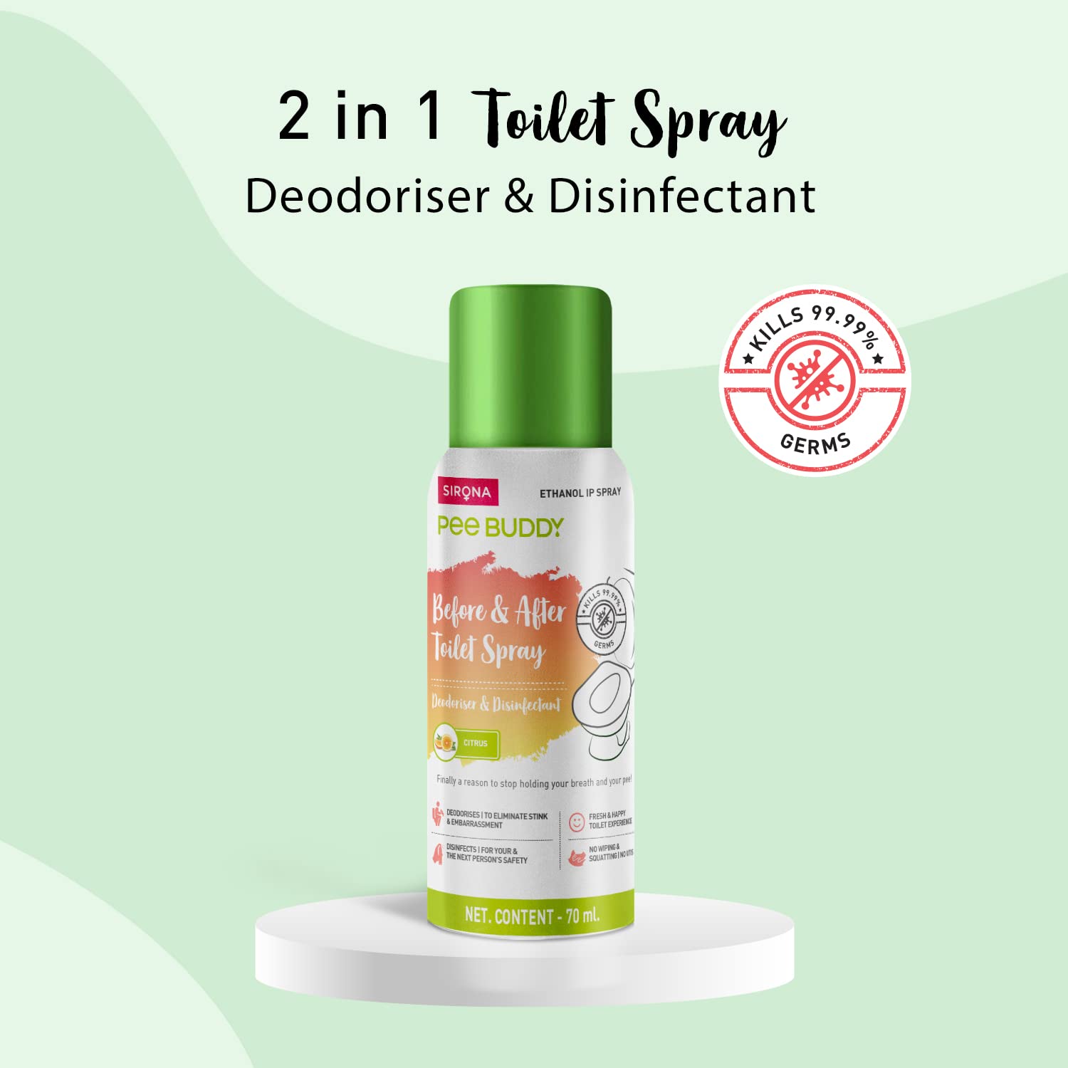 PEE BUDDY Toilet Seat Sanitizer Spray - 70ml Citrus Scent | Kills 99.9% Germs & Prevents UTI | Portable Bathroom Disinfectant & Deodorizer | Travel, Gym & Public Restroom Essential | Safe for Kids & Adults