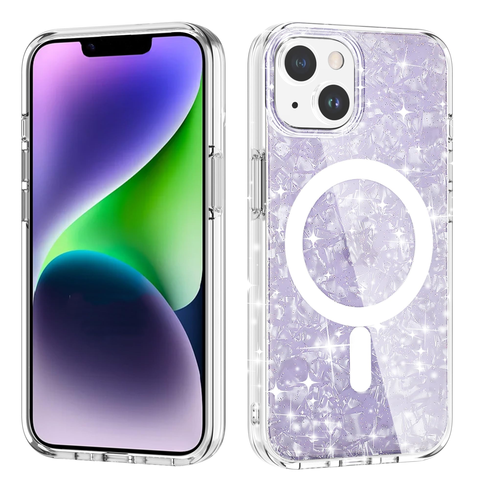 Tksafy MagSafe Compatible iPhone 13/14 Case - Glitter Pearl Design Hard PC Protective Shockproof Phone Cover for Women (Purple) | Perfect for Everyday Use, Work & Travel