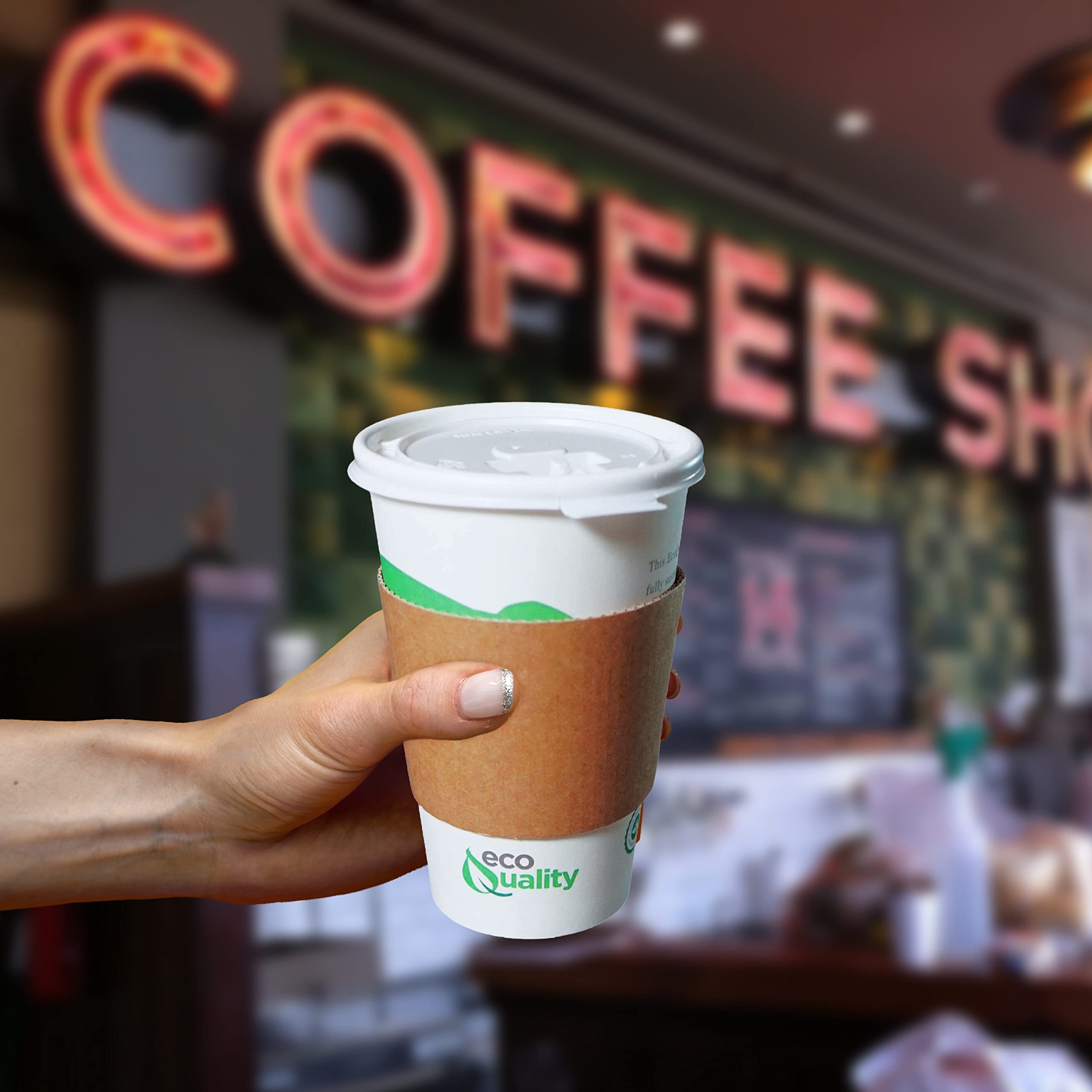 12 oz Biodegradable Compostable Paper Coffee Cups with White Flat Lids, Sleeves & Wooden Stirrers - PLA Lined Eco-Friendly Disposable Cups for Hot & Cold Beverages (300 Pack) - Perfect for Coffee Shops, Offices, Parties & Sustainable Events