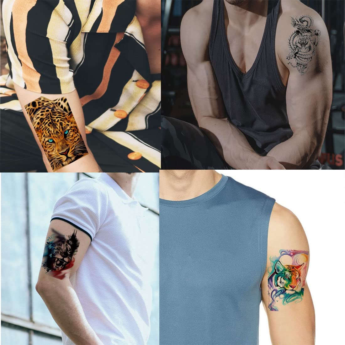 Premium Waterproof Temporary Tattoos for Men & Women - Tiger & Dragon Design Set of 4 - Perfect for Parties, Festivals, and Body Art Enthusiasts