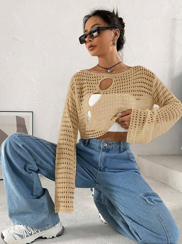2025 Women's Crochet Knit Hollow Out Sweater - Long Sleeve Summer Cover Up Cropped Top for Beach, Vacation & Casual Outfits