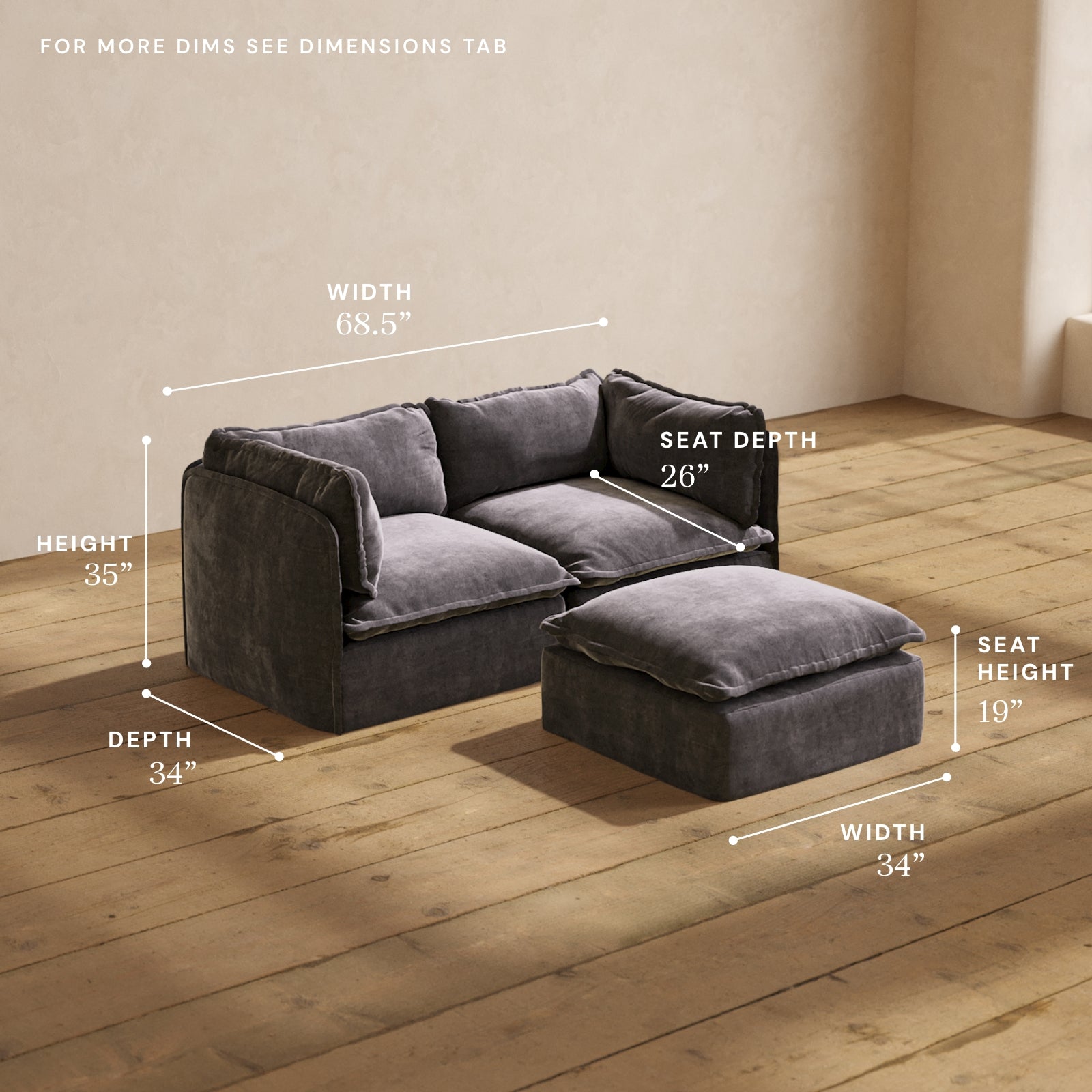Modular Performance 2 Seater Sofa with Ottoman in Cinder Color | Relaxed Blend Fabric | Perfect for Living Room, Lounge & Small Spaces